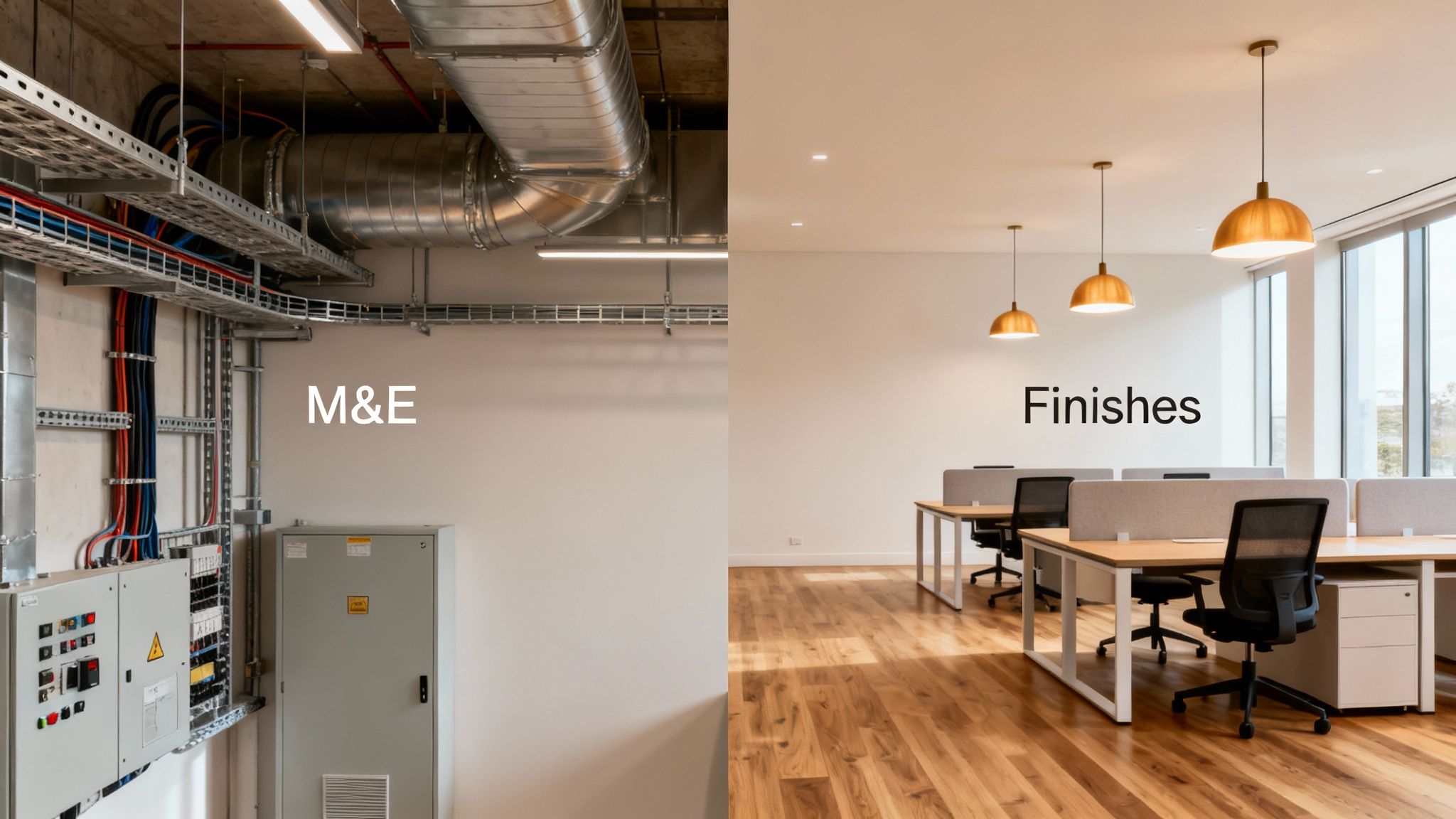 A split image showing exposed mechanical and electrical systems and a complete office interior.