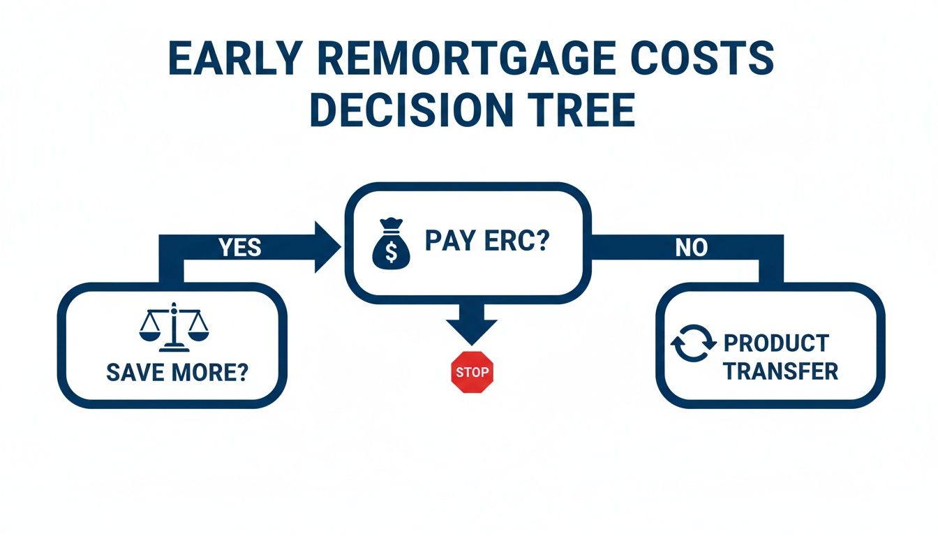Decision tree flowchart illustrating options and choices for early remortgage costs, including ERC and product transfer.