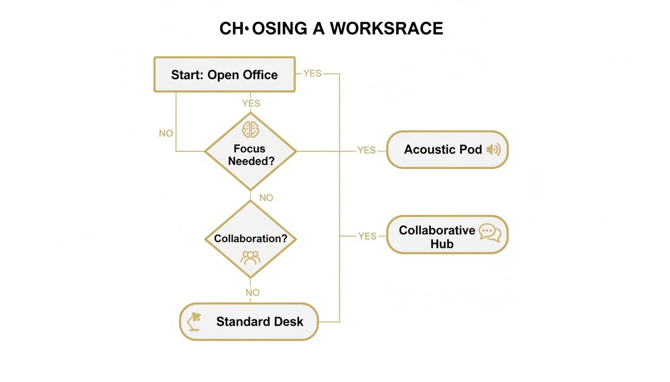 Flowchart guiding selection of an office workspace: open office, acoustic pod, collaborative hub, or standard desk.