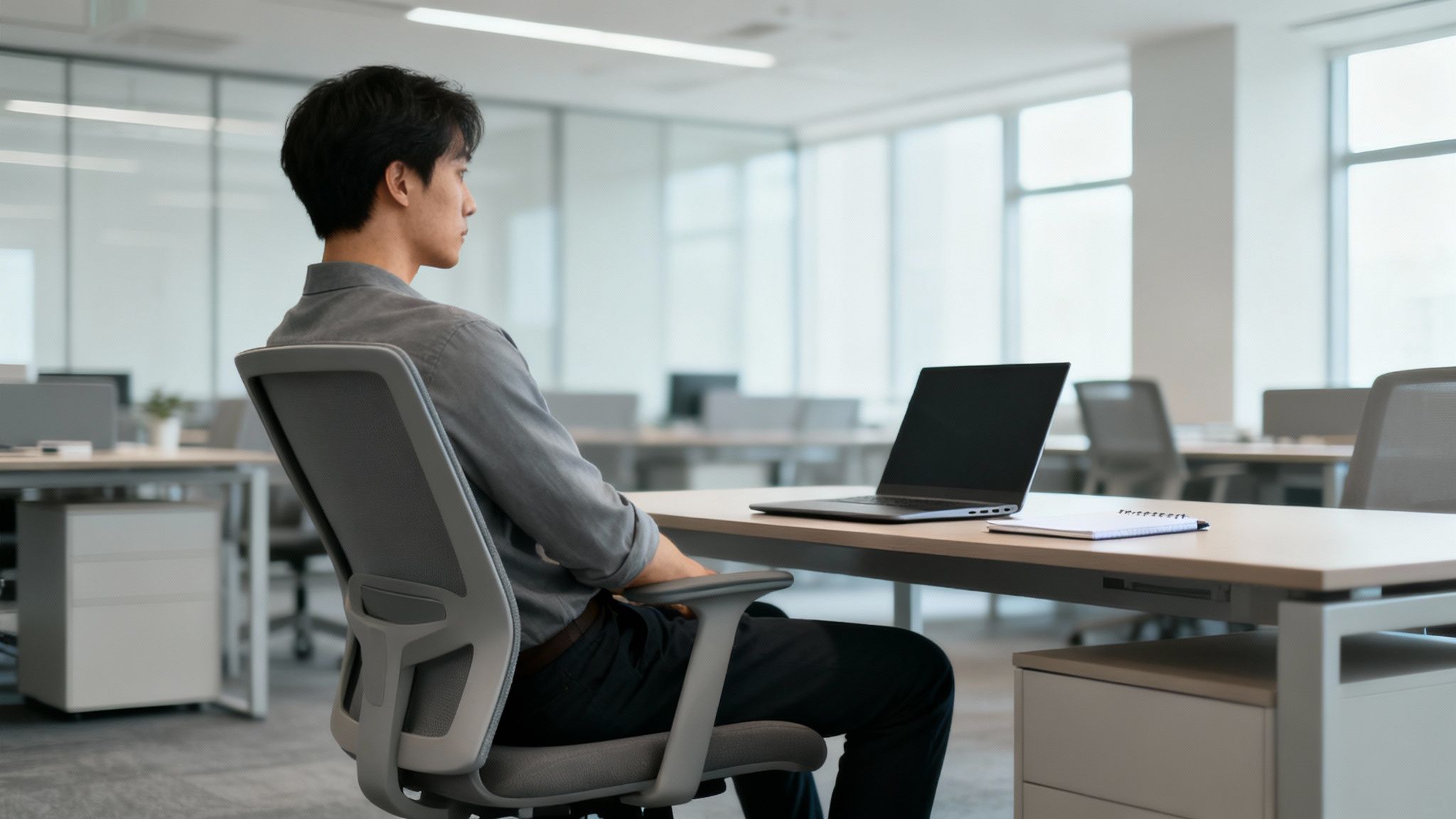 A young man sits in an ergonomic office chair, looking away from his laptop and notebook.