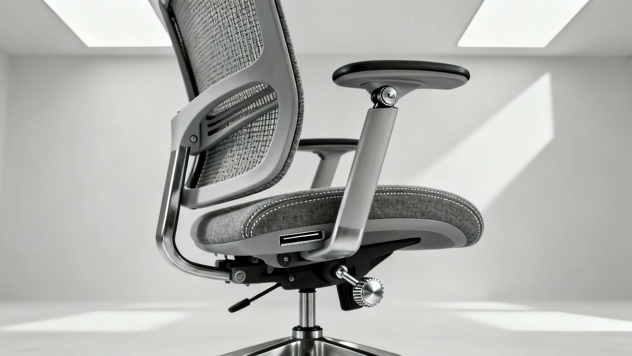 A modern, grey ergonomic office chair with a mesh back and adjustable features in a minimalist setting.