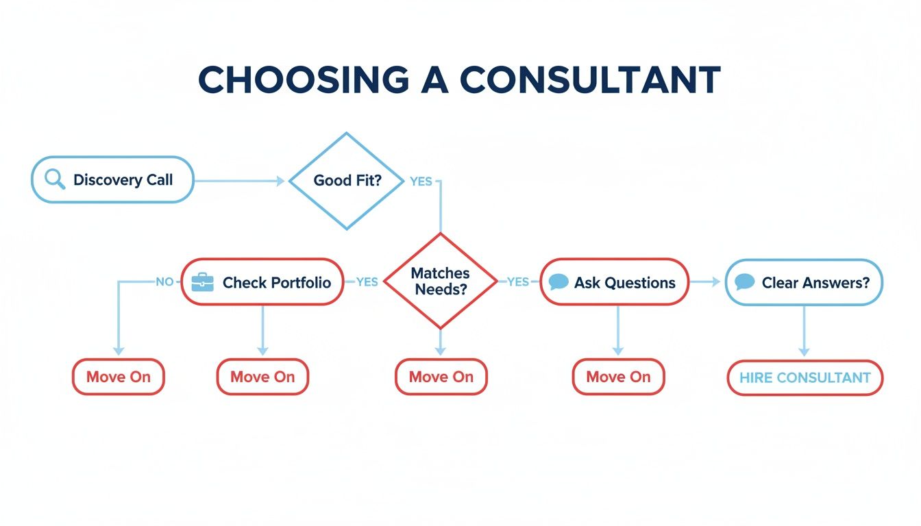 Flowchart illustrating the decision process for choosing and hiring a consultant.