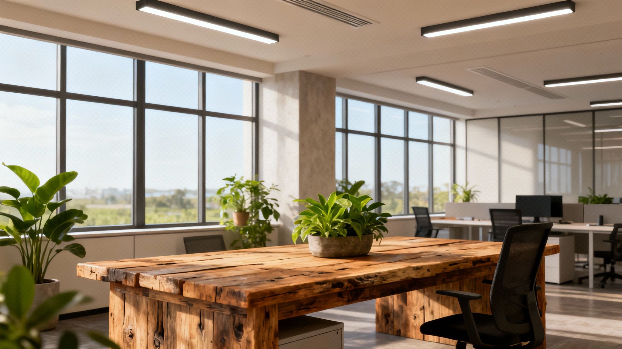 Bright, modern office interior with large windows, plants, and a rustic wooden table.