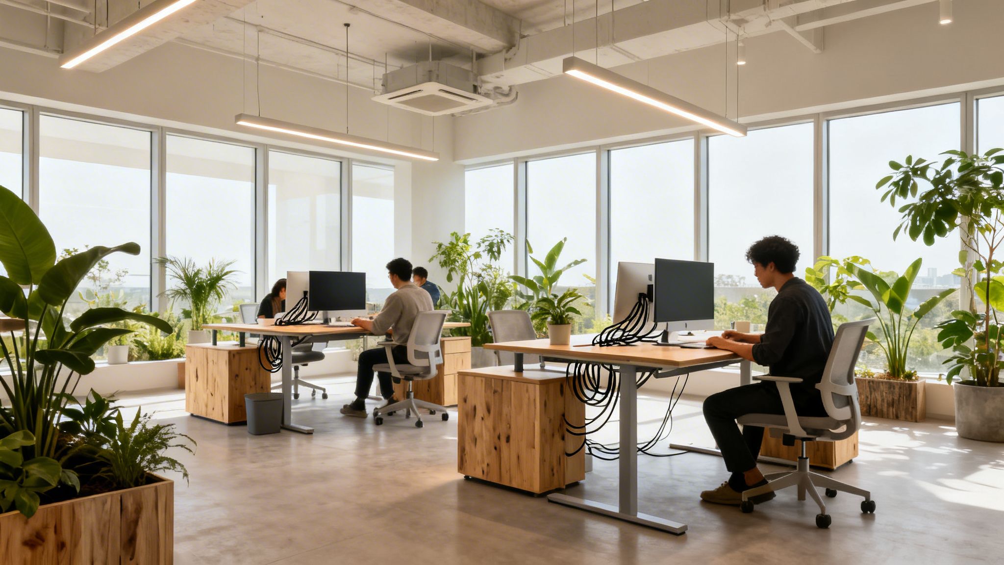 Modern sustainable office space with natural light, green plants, and people working at desks.