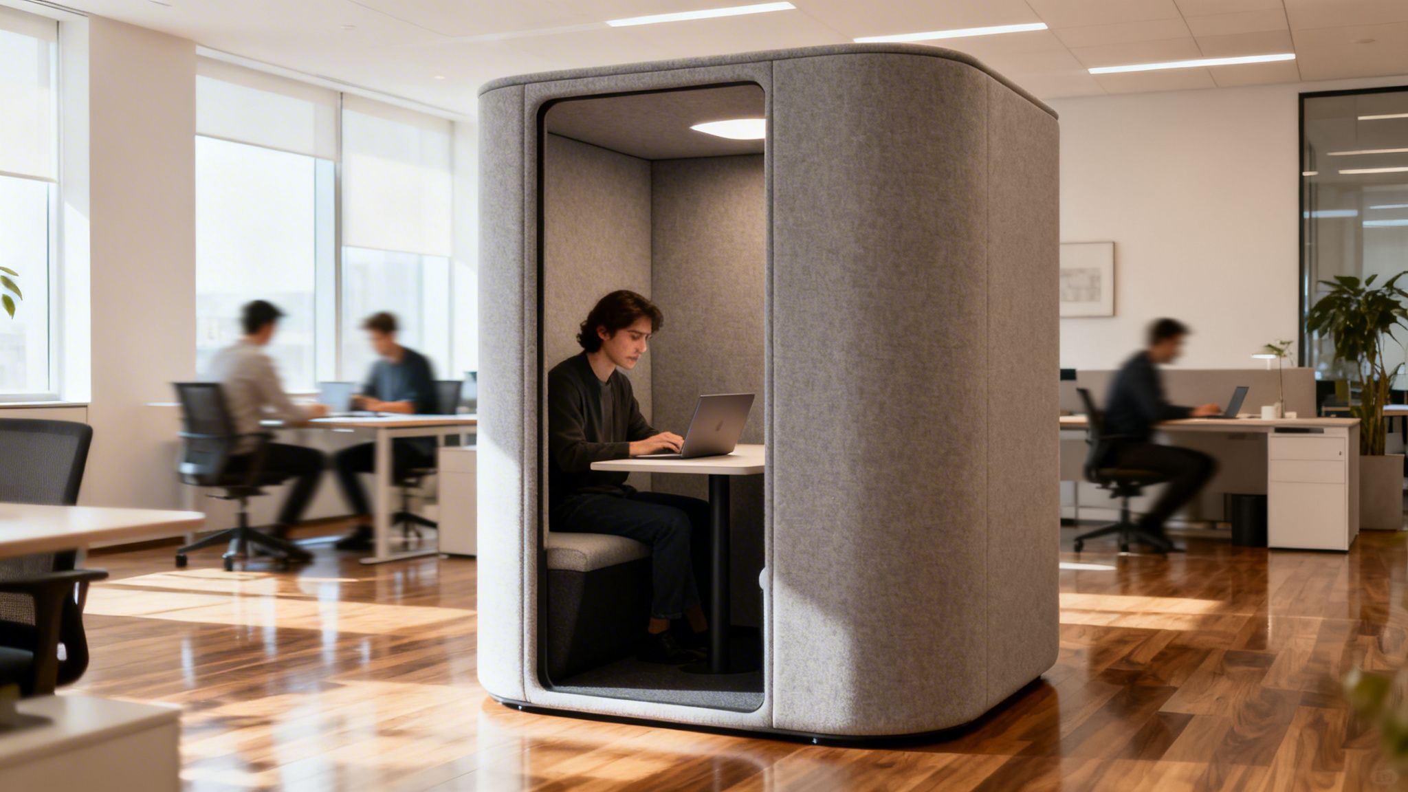 A young man works on a laptop inside a modern grey privacy booth in a bright office.