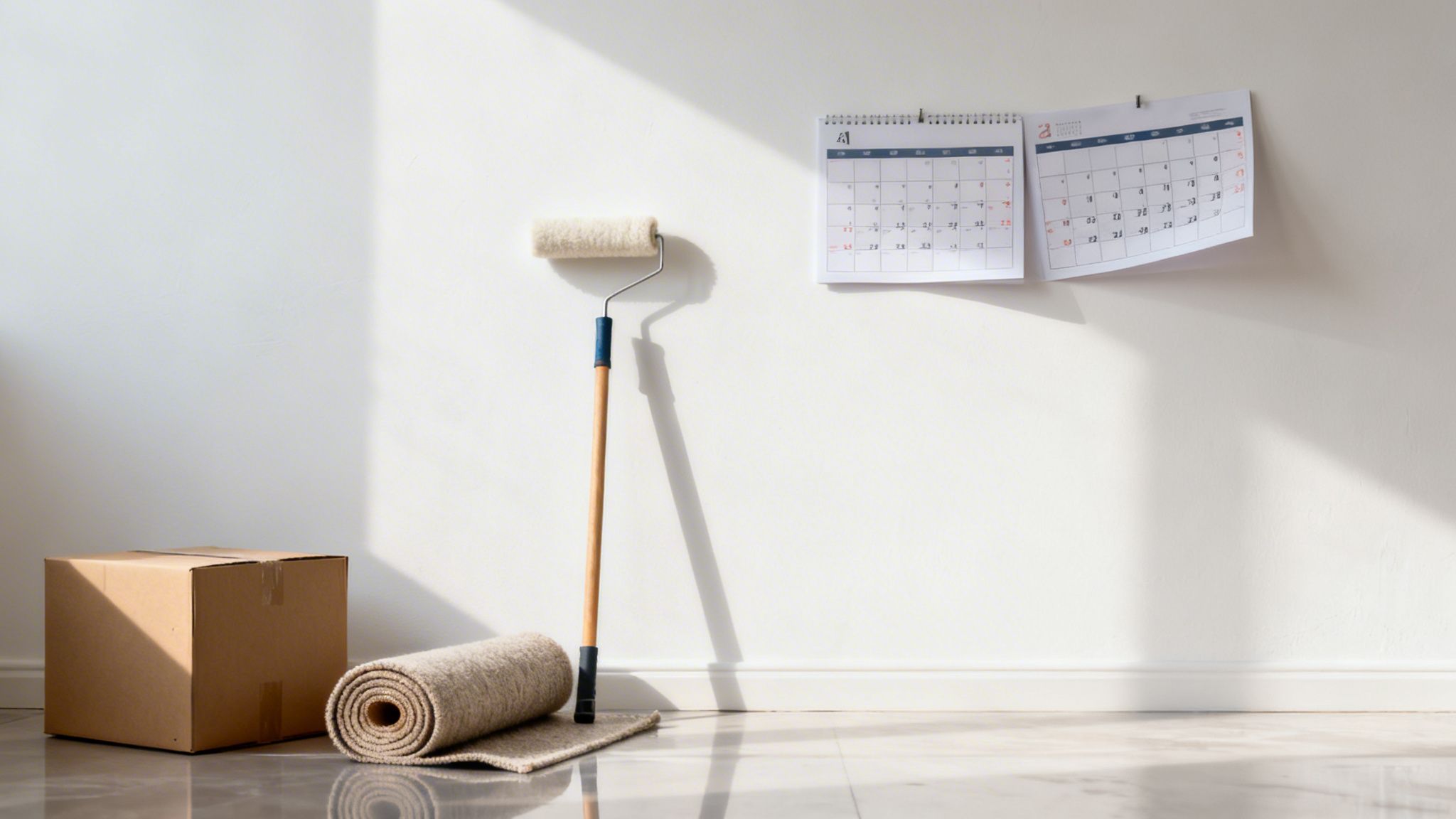 A paint roller, cardboard box, and rolled rug in a bright room with calendars on the wall.