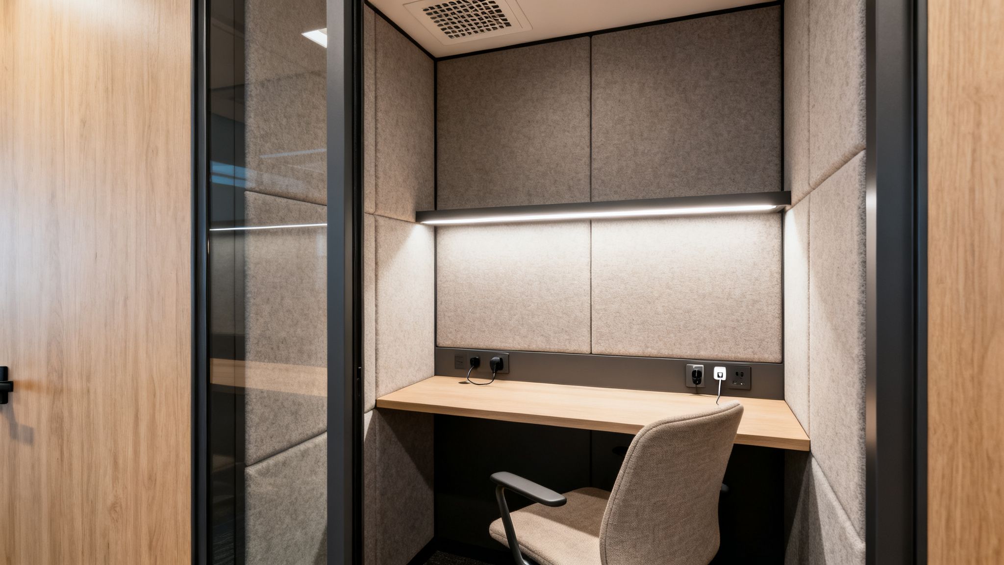 Inside a modern office privacy pod with a wooden desk, grey chair, and acoustic panels.