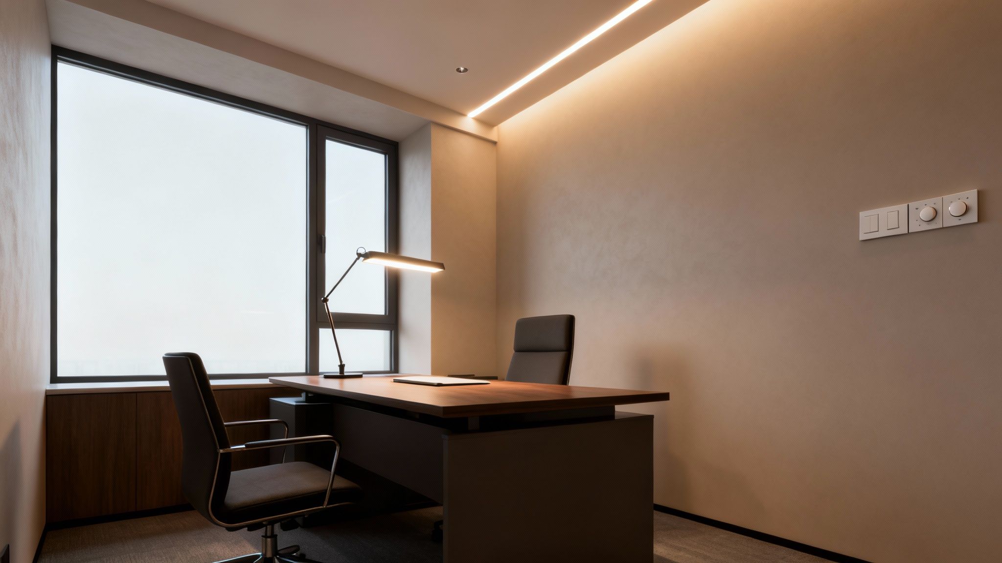 A modern, minimalist office with a large window, wooden desk, two ergonomic chairs, and warm lighting.