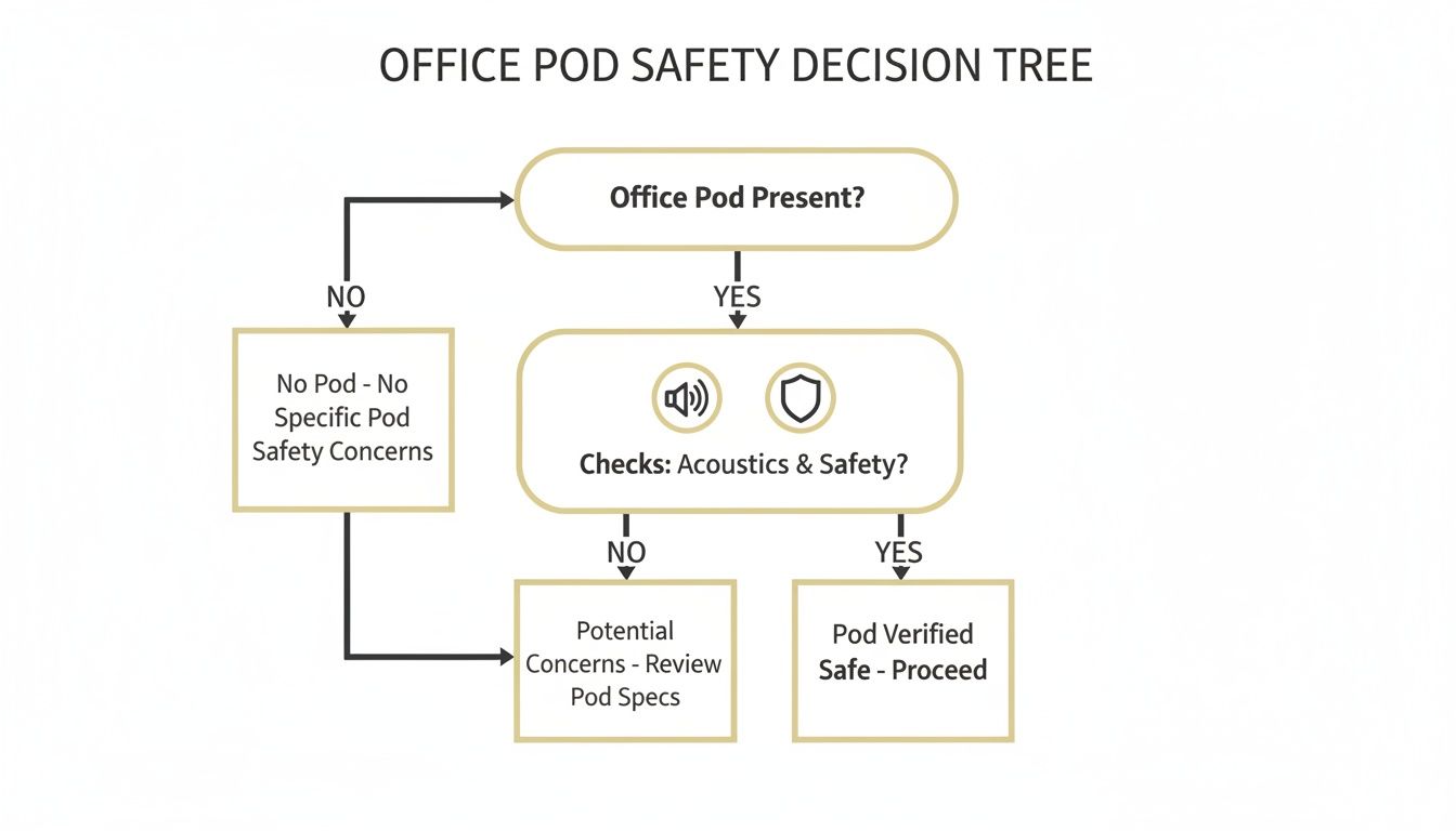 A decision tree flowchart outlining the safety checks and considerations for office pods, covering acoustics and general safety.