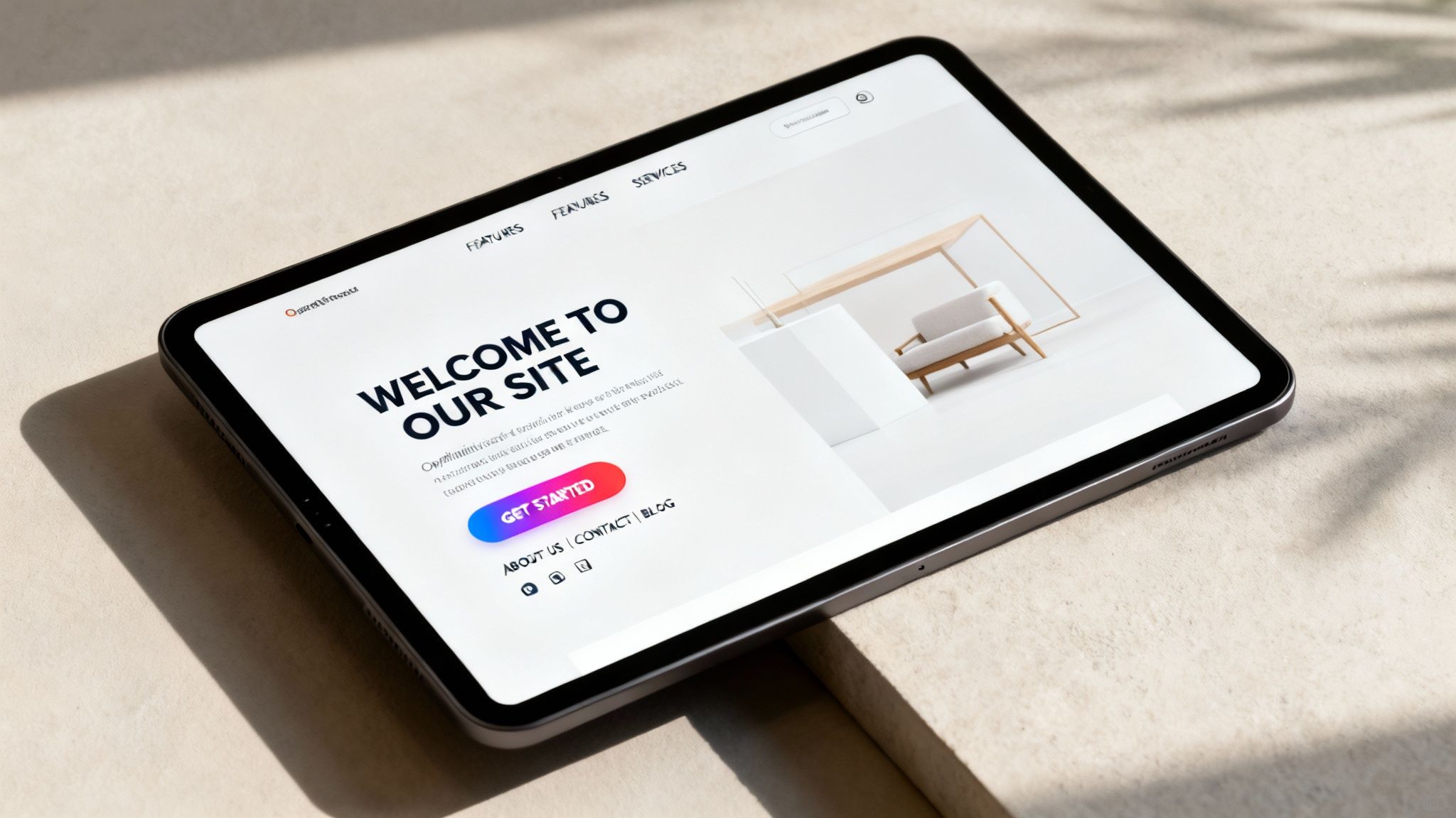 A modern tablet displaying a website with a welcome message and a minimalist interior design image.