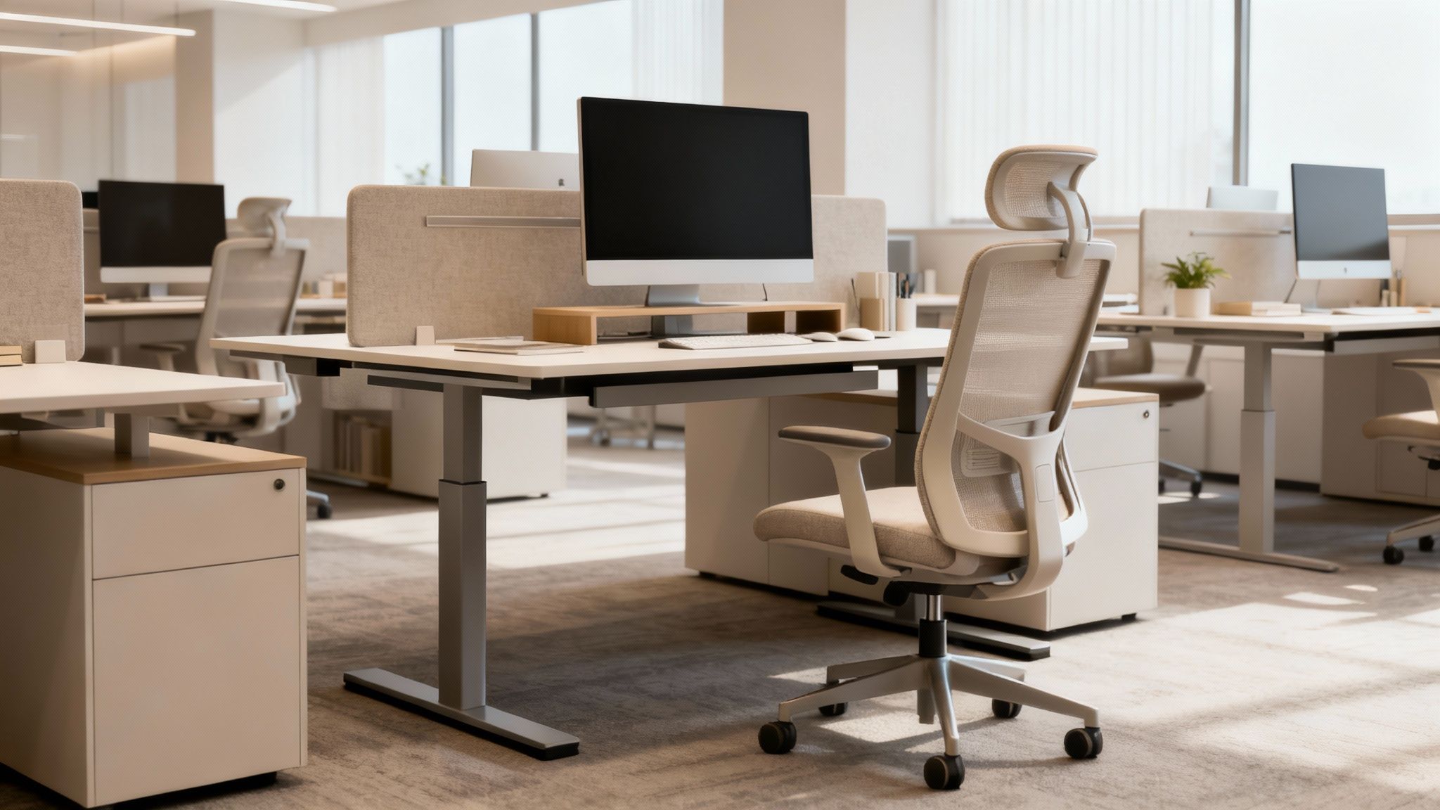 Ergonomic mesh office chair at a sit-stand desk with monitor in a spacious, modern office.