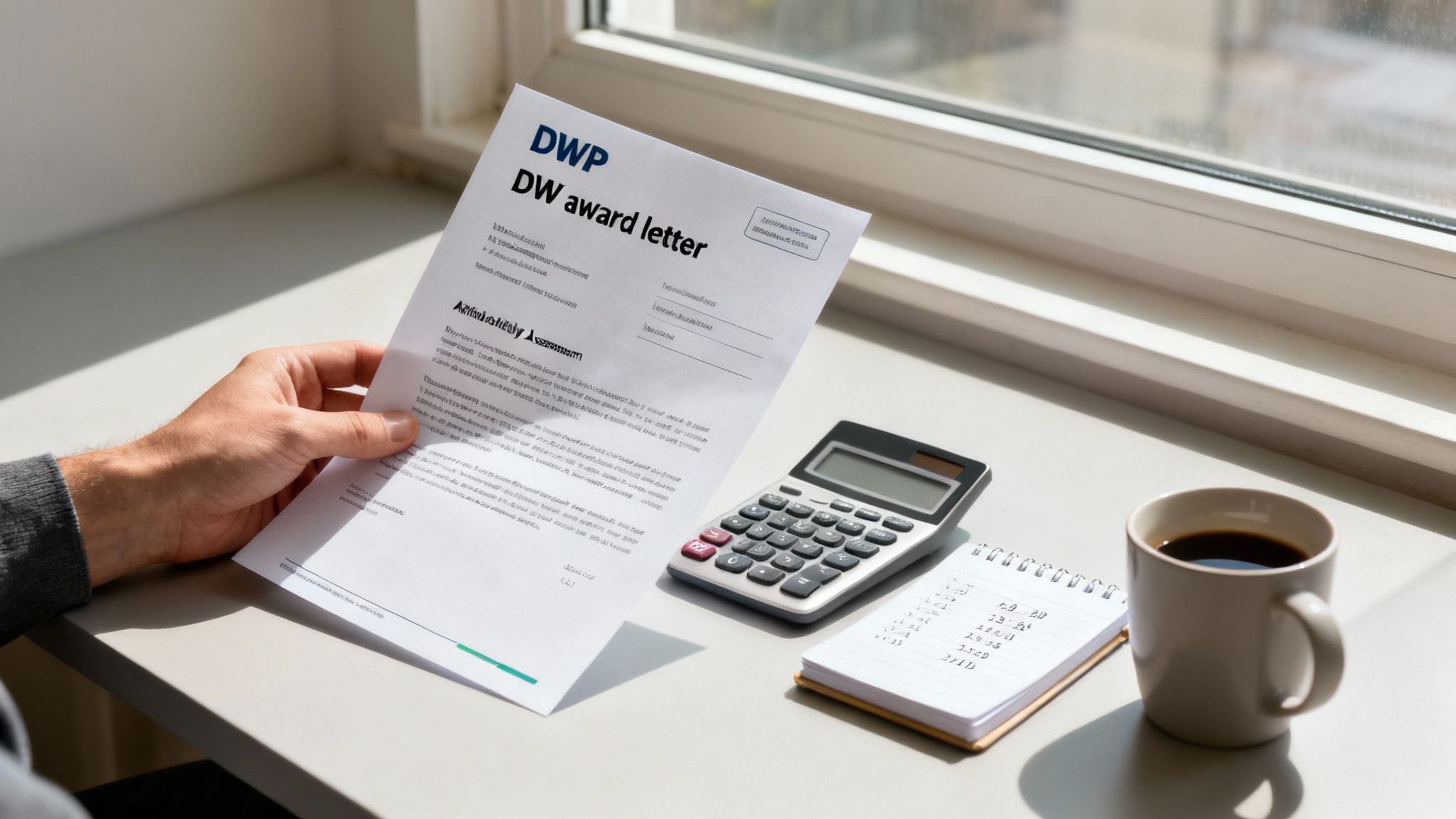 A person holds a DWP award letter, with a calculator, notebook, and coffee on a desk, suggesting financial review.