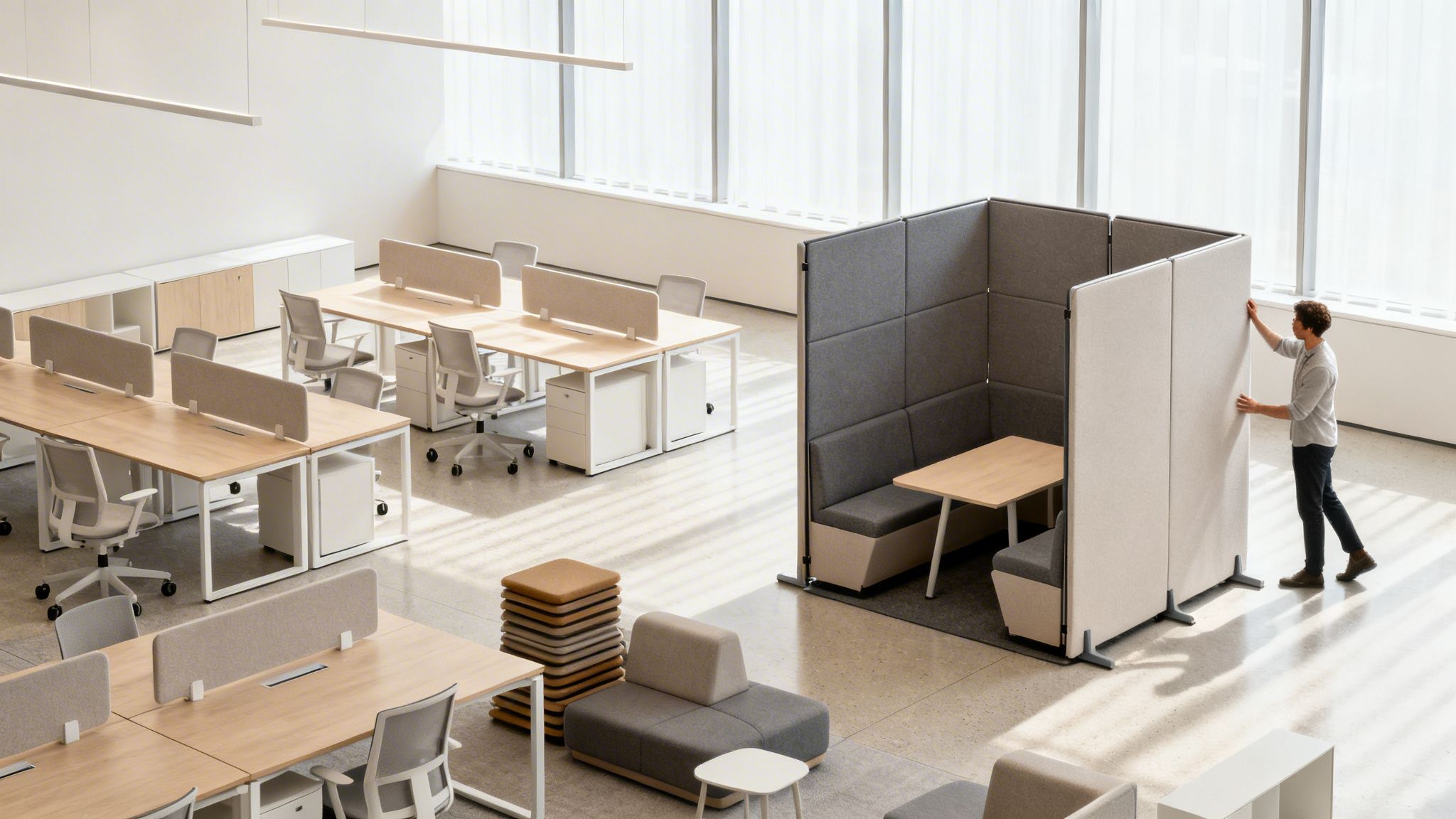 A bright, modern open-plan office with rows of light wood desks and modular furniture.