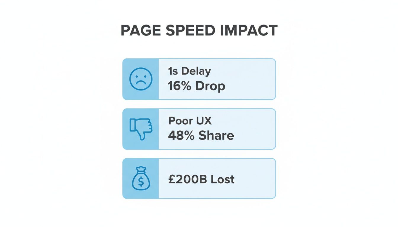 Infographic showing the negative impact of page speed on user experience and financial outcomes.