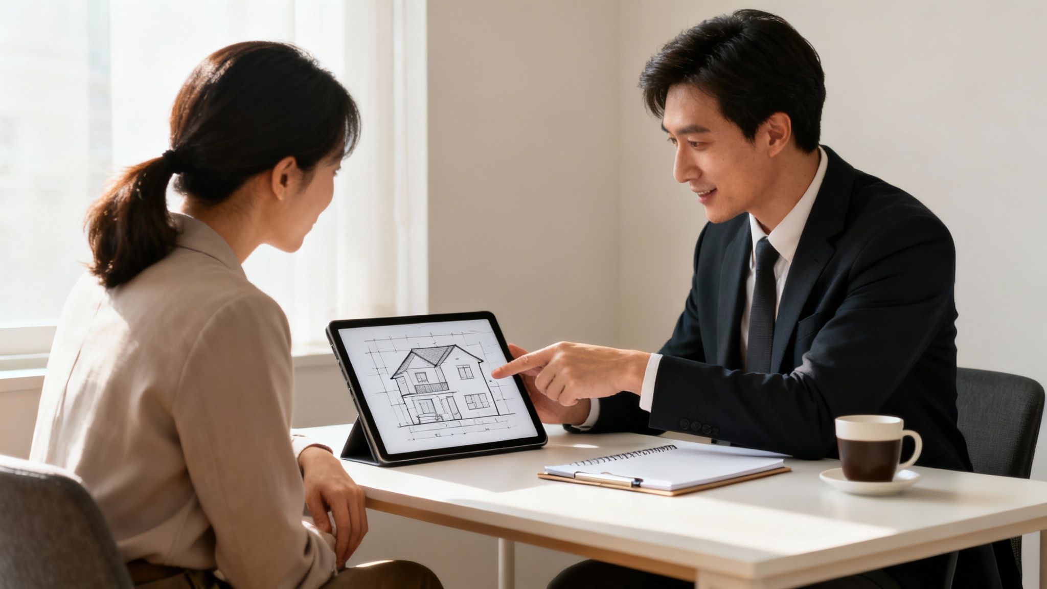 A male real estate agent shows a house blueprint on a tablet to a female client during a consultation.