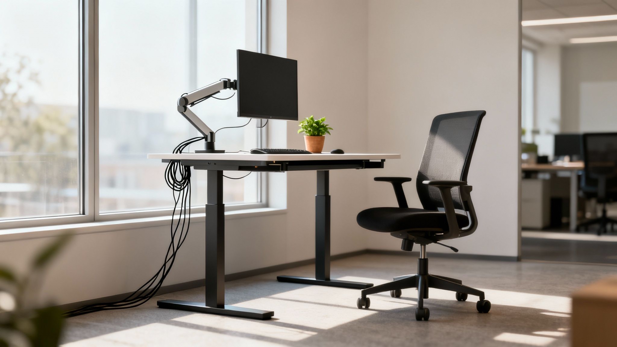 Modern office workspace with standing desk, monitor, ergonomic chair, and natural light by a window.