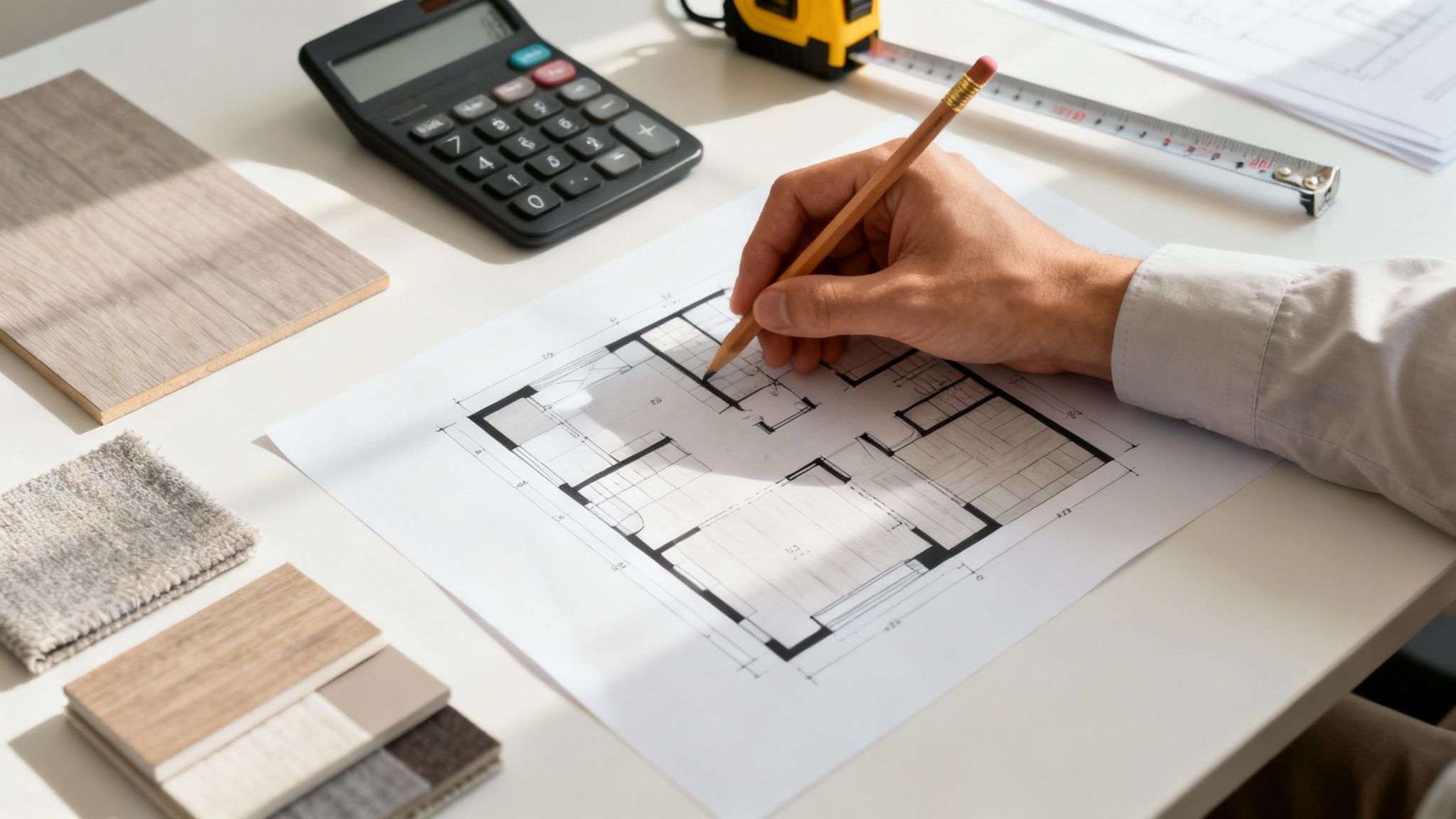 Architect's hand drawing a house blueprint on a desk with a calculator and material samples.