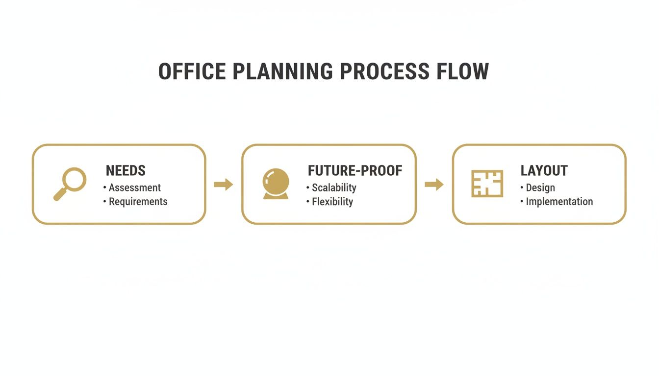 A process flow diagram illustrates office planning steps: Needs, Future-Proof, and Layout for design.