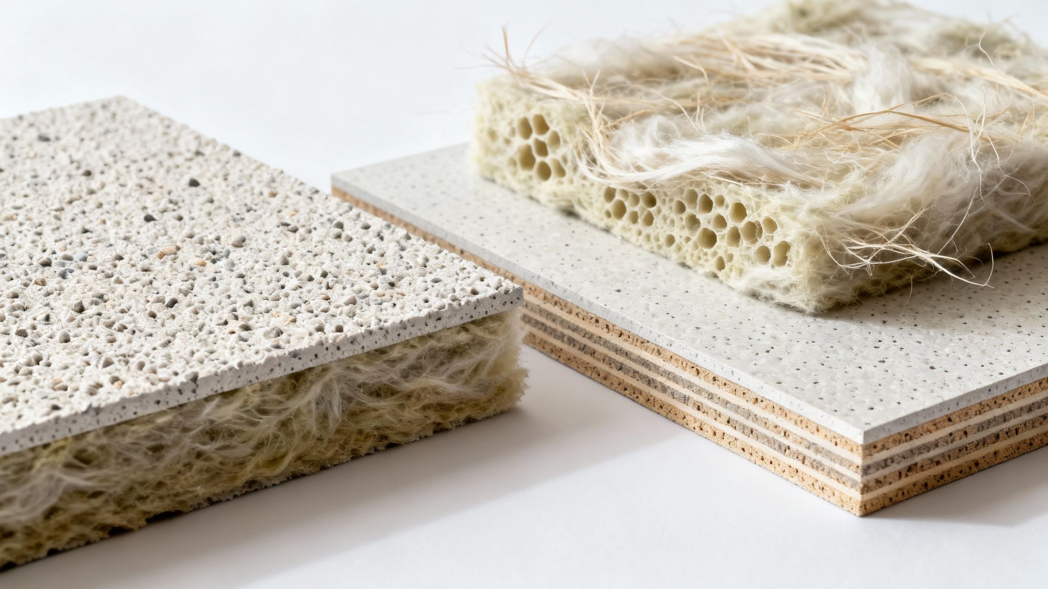 Samples of sound-absorbing materials: fibrous insulation under a speckled panel, and a multi-layered board.