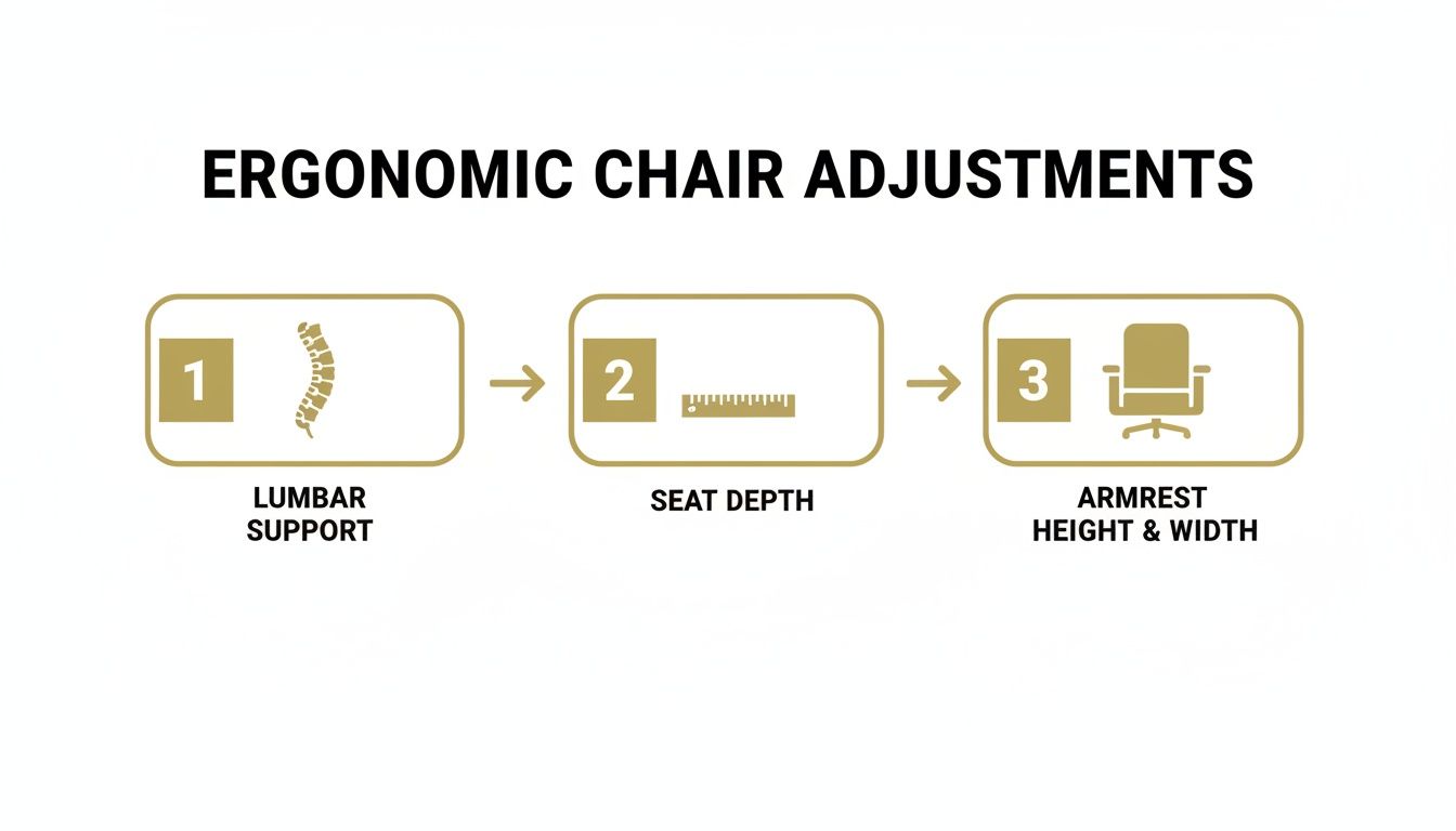 An infographic illustrating three key ergonomic chair adjustments: lumbar support, seat depth, and armrest height & width.