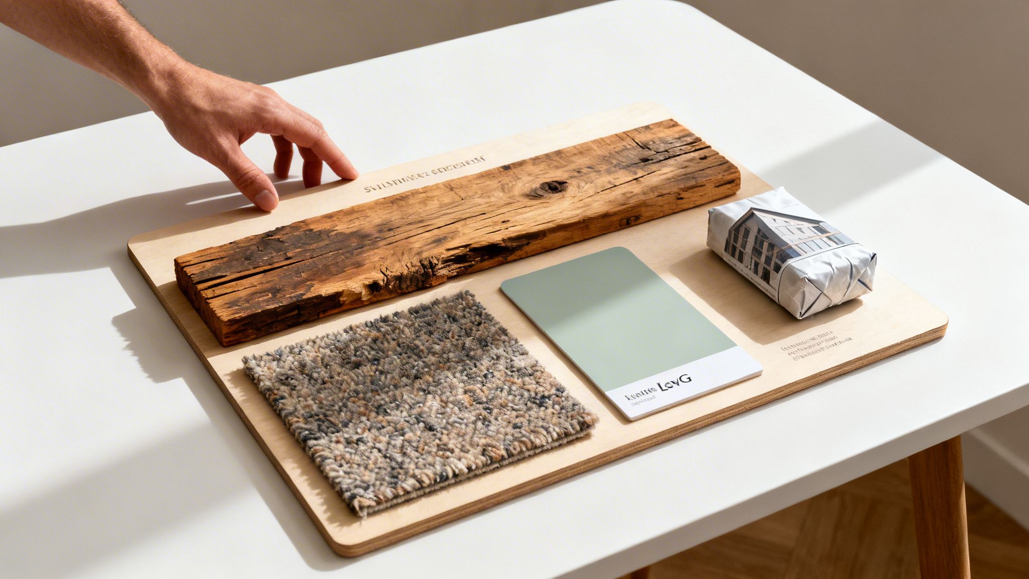 A hand touches a design board with wood, carpet, paint swatch, and building model for sustainable office space.