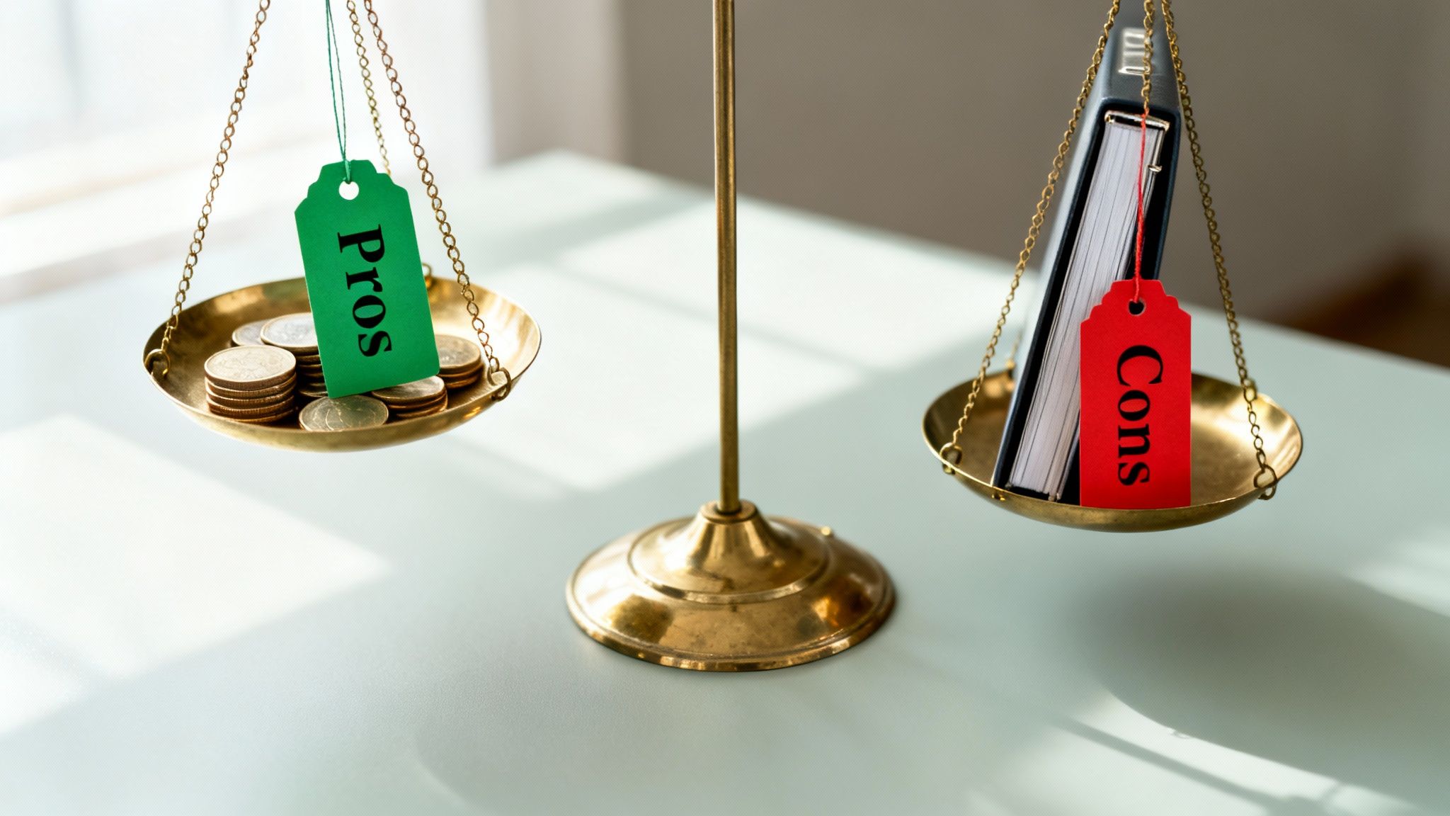 A brass balance scale weighing pros (coins) against cons (a book with a red tag).