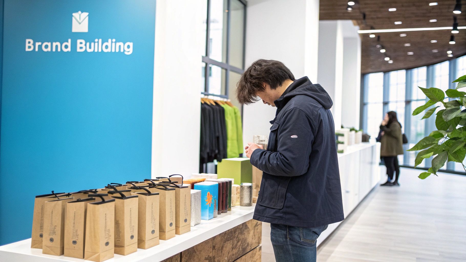 A man examines products on a display counter in front of a 'Brand Building' wall.