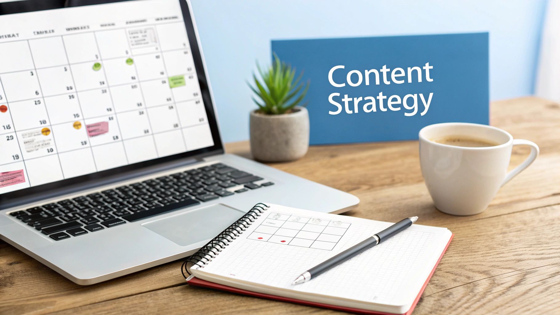 A desk with a laptop showing a content calendar, a notebook, a coffee cup, and a 'Content Strategy' sign, indicating business planning.