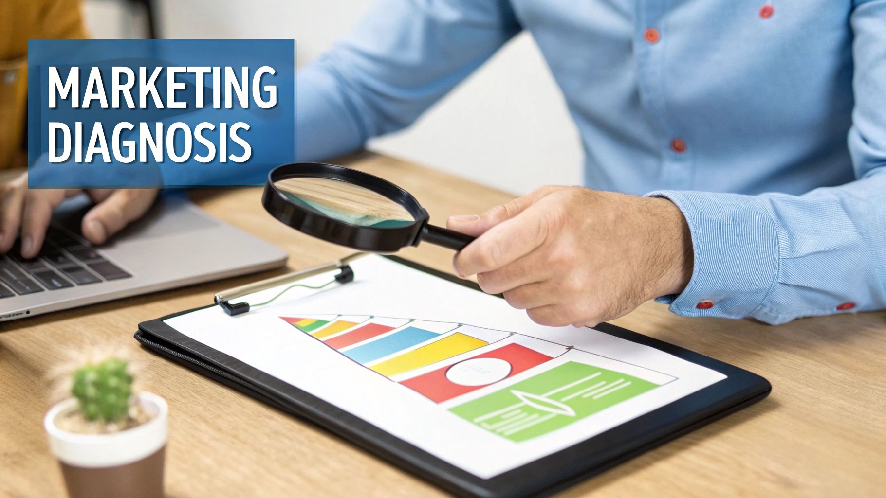 Two professionals analyze marketing data on a laptop and charts with a magnifying glass, featuring "Marketing Diagnosis" text.