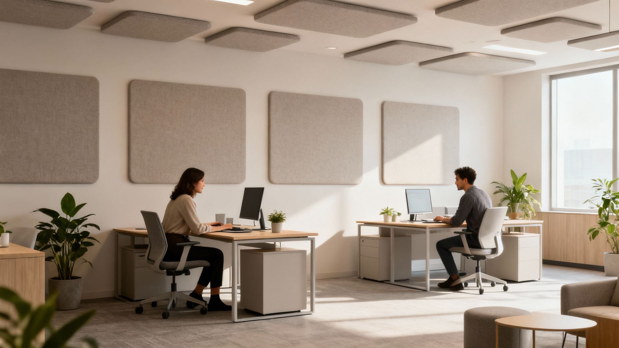 Modern office space with two people working at desks, featuring acoustic panels on walls and ceiling.