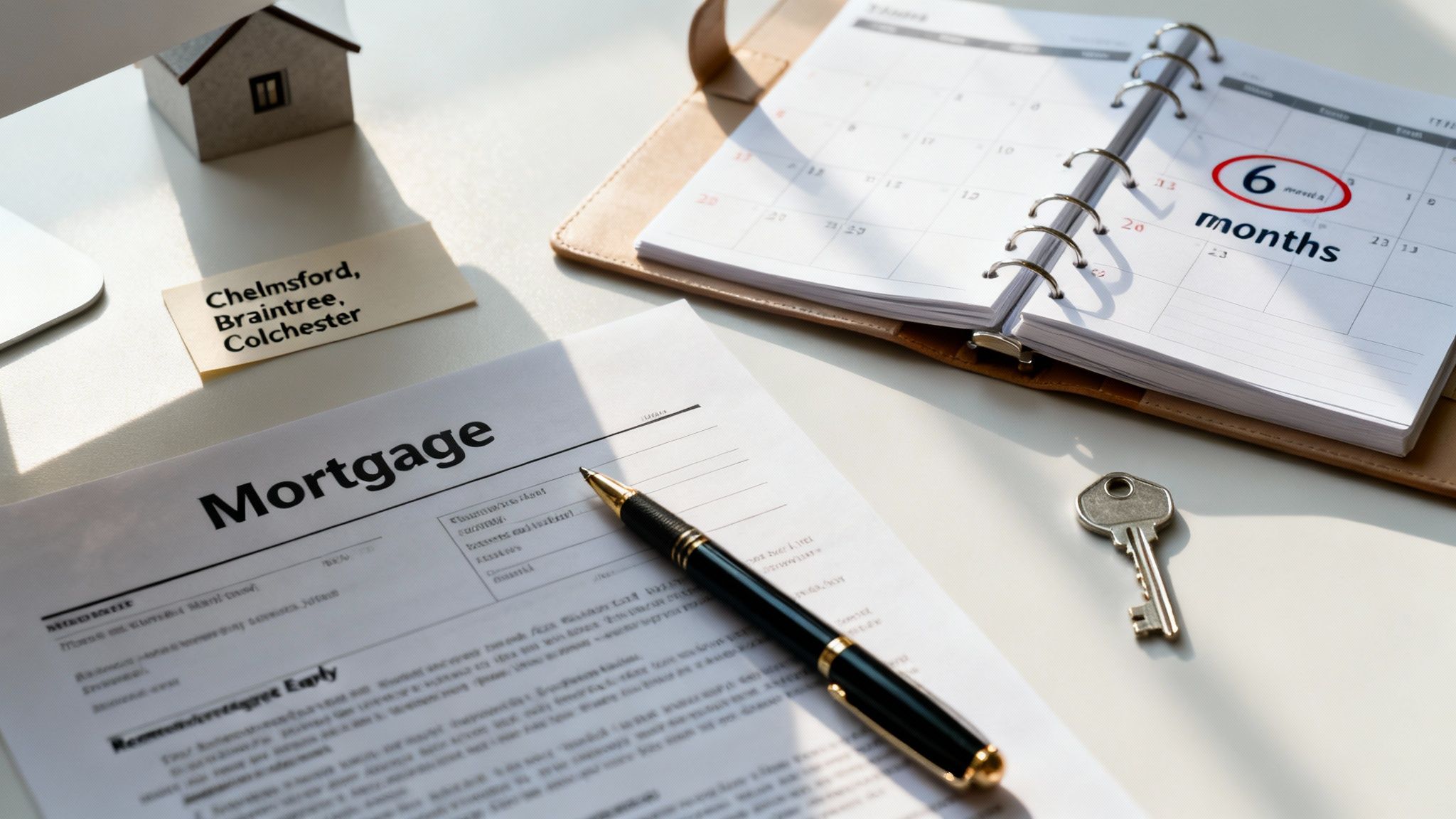 Overhead view of a mortgage document, house model, key, and calendar marking '6 months' for home ownership.
