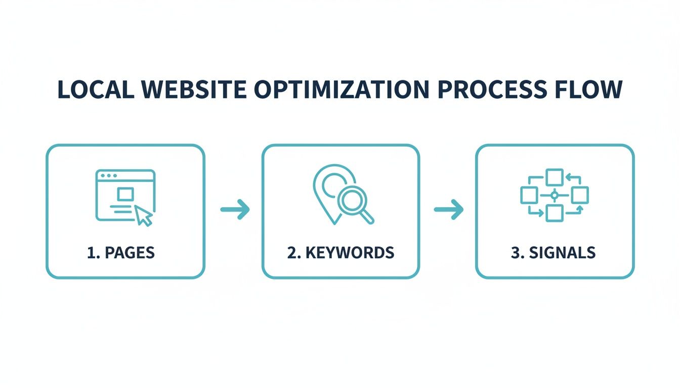 Local website optimization process flow: pages, keywords, and signals, depicted with relevant icons.