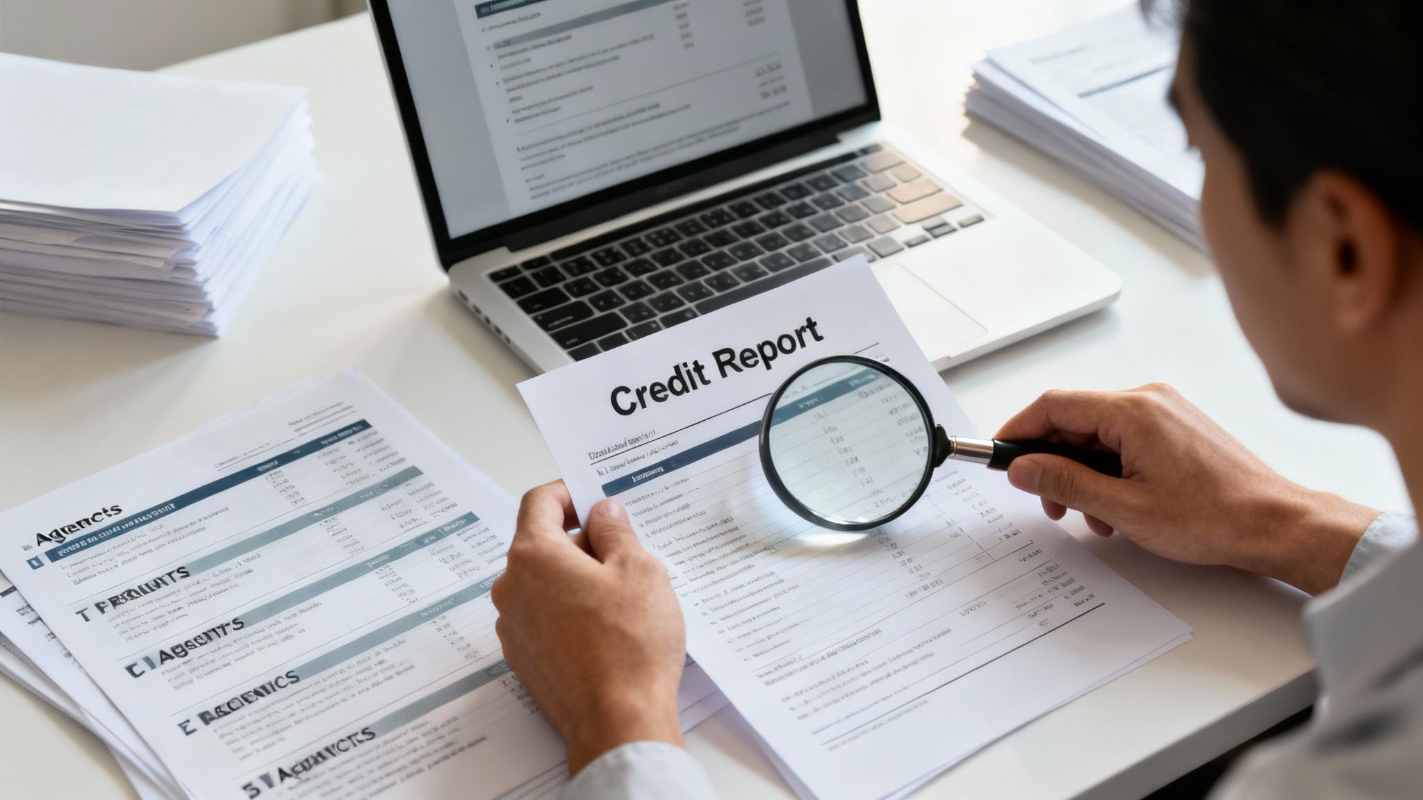 A person intently examines a 'Credit Report' document with a magnifying glass on a white desk.