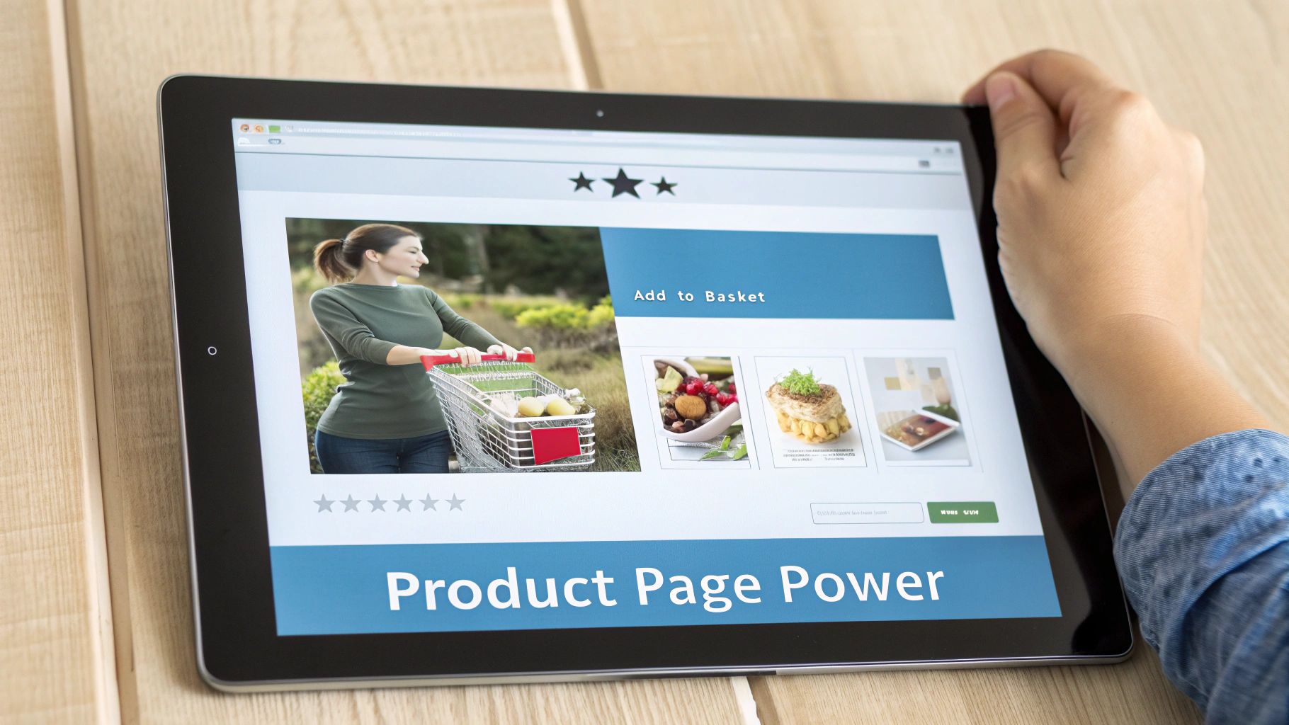 A person's hand holds a tablet displaying an e-commerce product page with a featured image of a woman shopping for groceries.