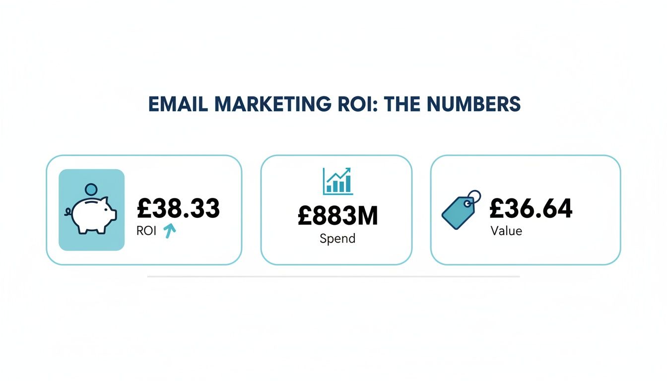 Infographic displaying email marketing ROI, spend, and value, showing a £38.33 ROI, £883M spend, and £36.64 value.