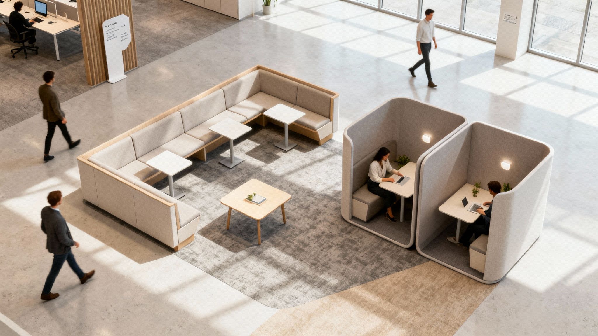 Elevated view of a contemporary open-plan office featuring work pods, a lounge area, and people working.