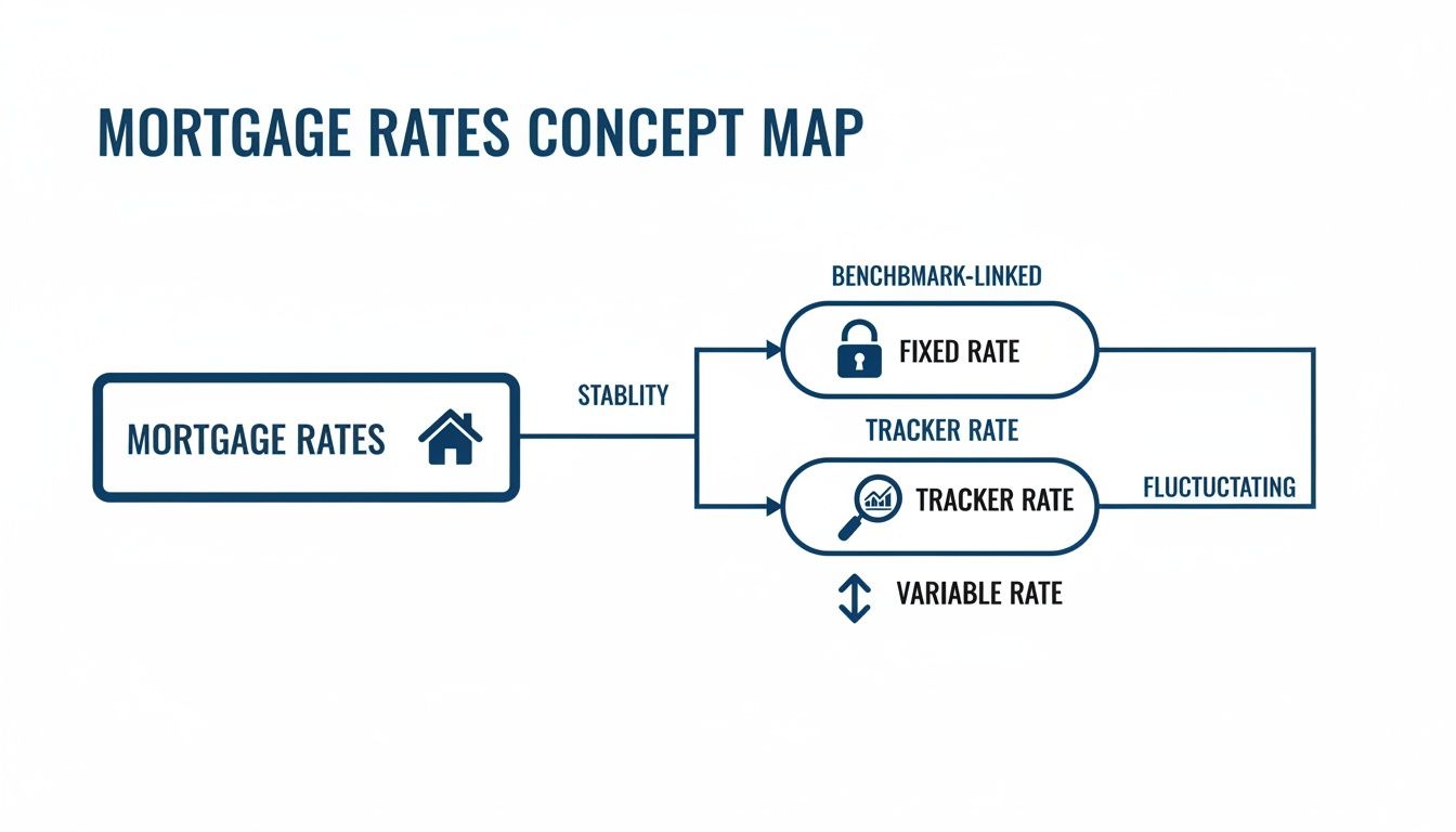 Concept map illustrating mortgage rates, differentiating between fixed and fluctuating variable rate types.