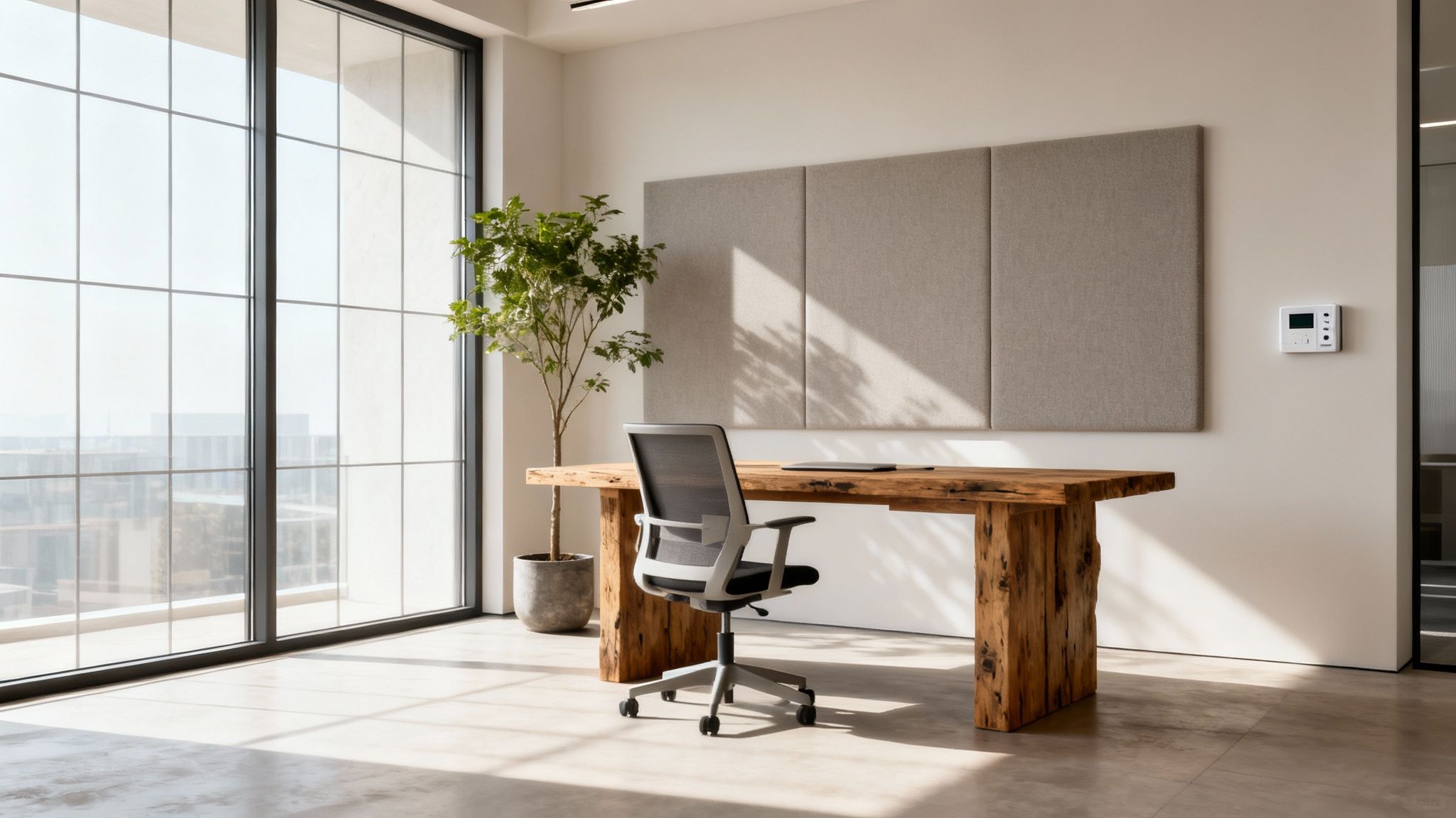 A modern, sunlit office features a rustic wooden desk, an ergonomic chair, and a large window.