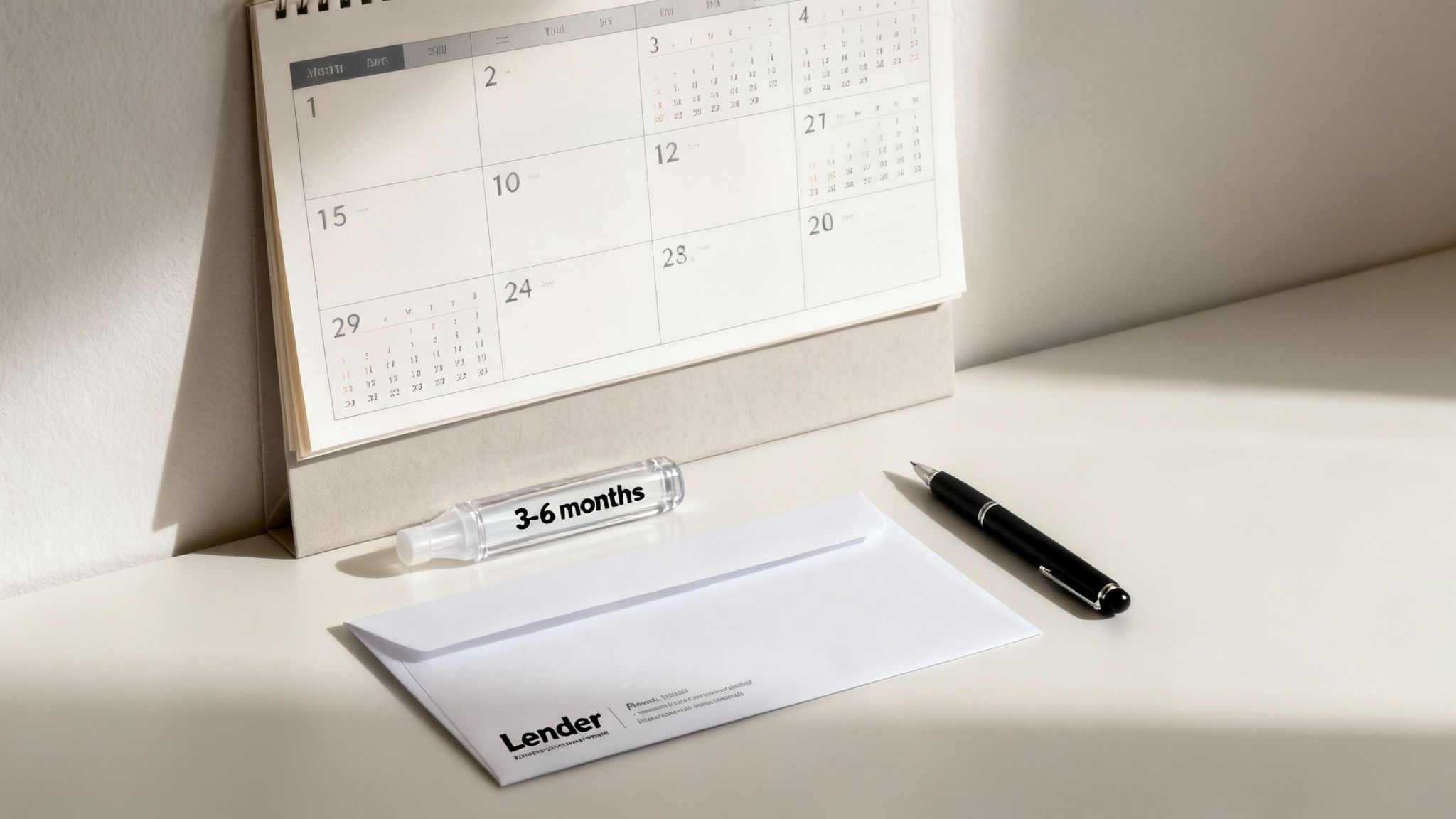 A desk calendar, pen, and a white envelope with 'Lender' next to a '3-6 months' tube.