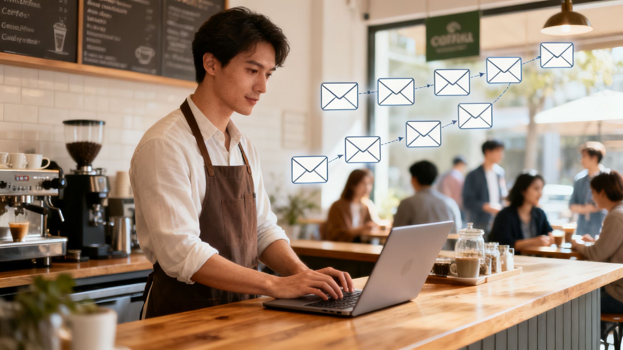A young man in an apron types on a laptop at a cafe counter, with email icons showing growth.