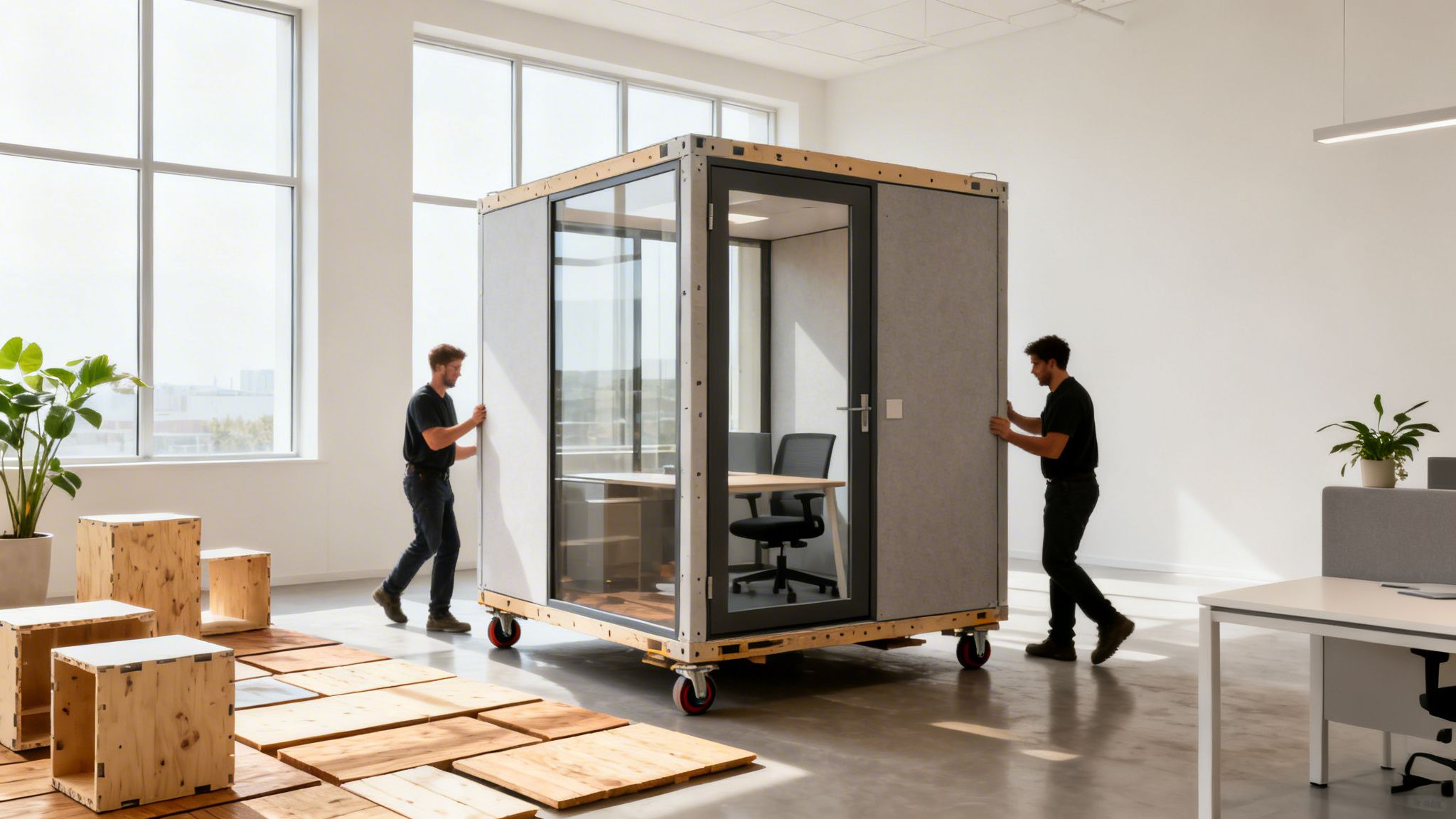 Two men move a modern, portable office pod on wheels in a bright, open office space.