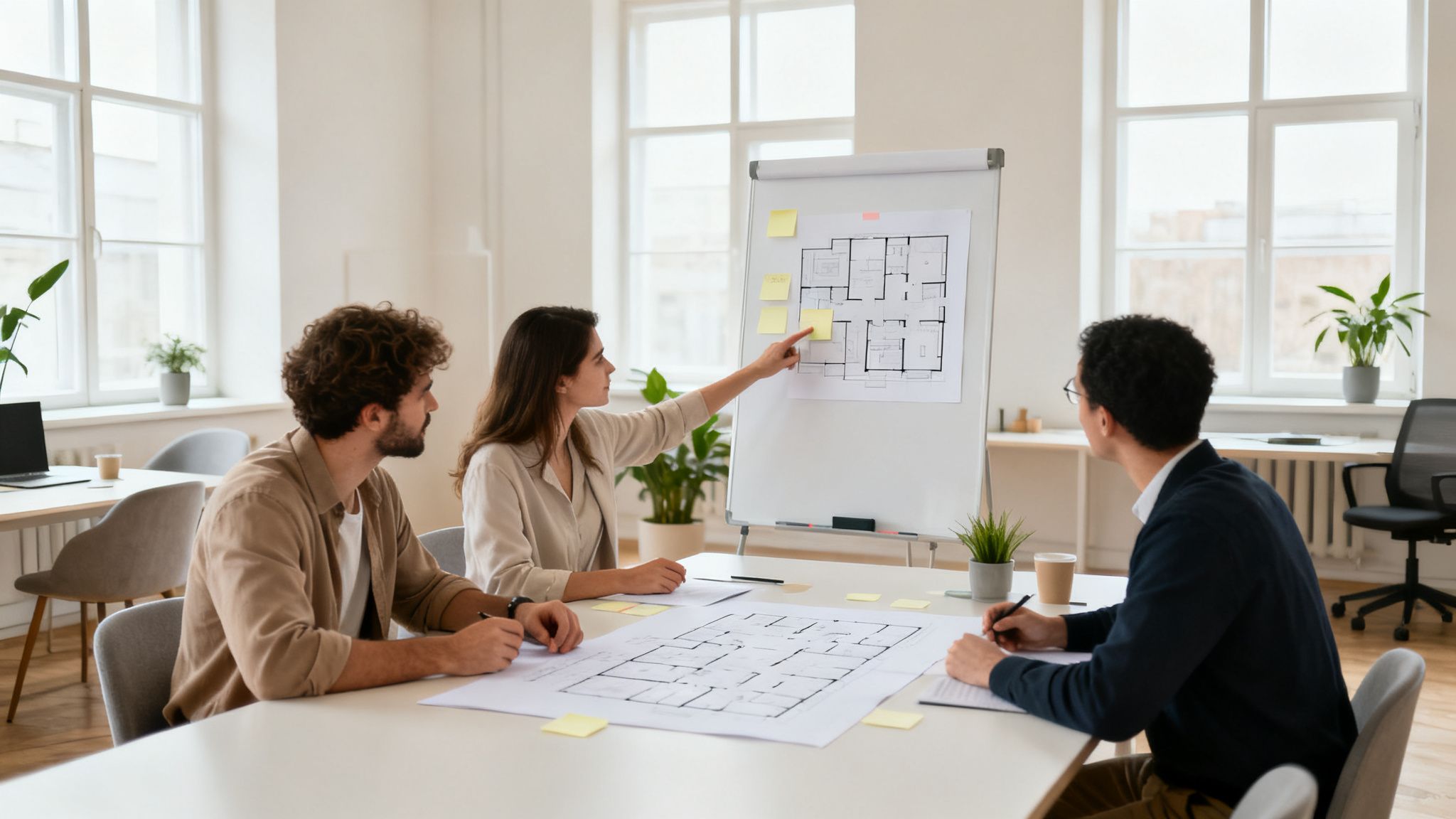 Team of professionals discussing office layout on a whiteboard and table plans during a meeting.