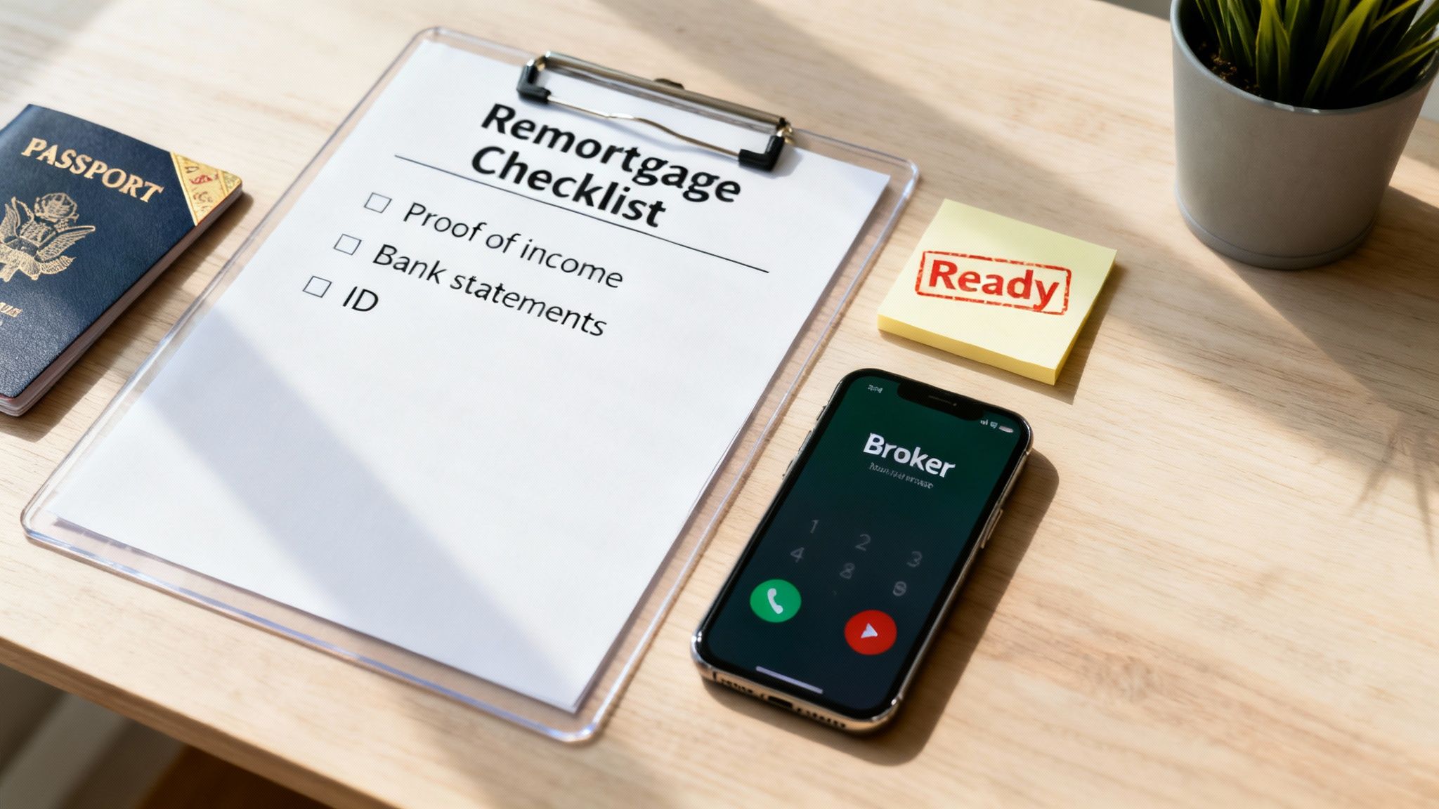 A remortgage checklist, passport, and phone call to a broker on a desk, indicating readiness for a remortgage.
