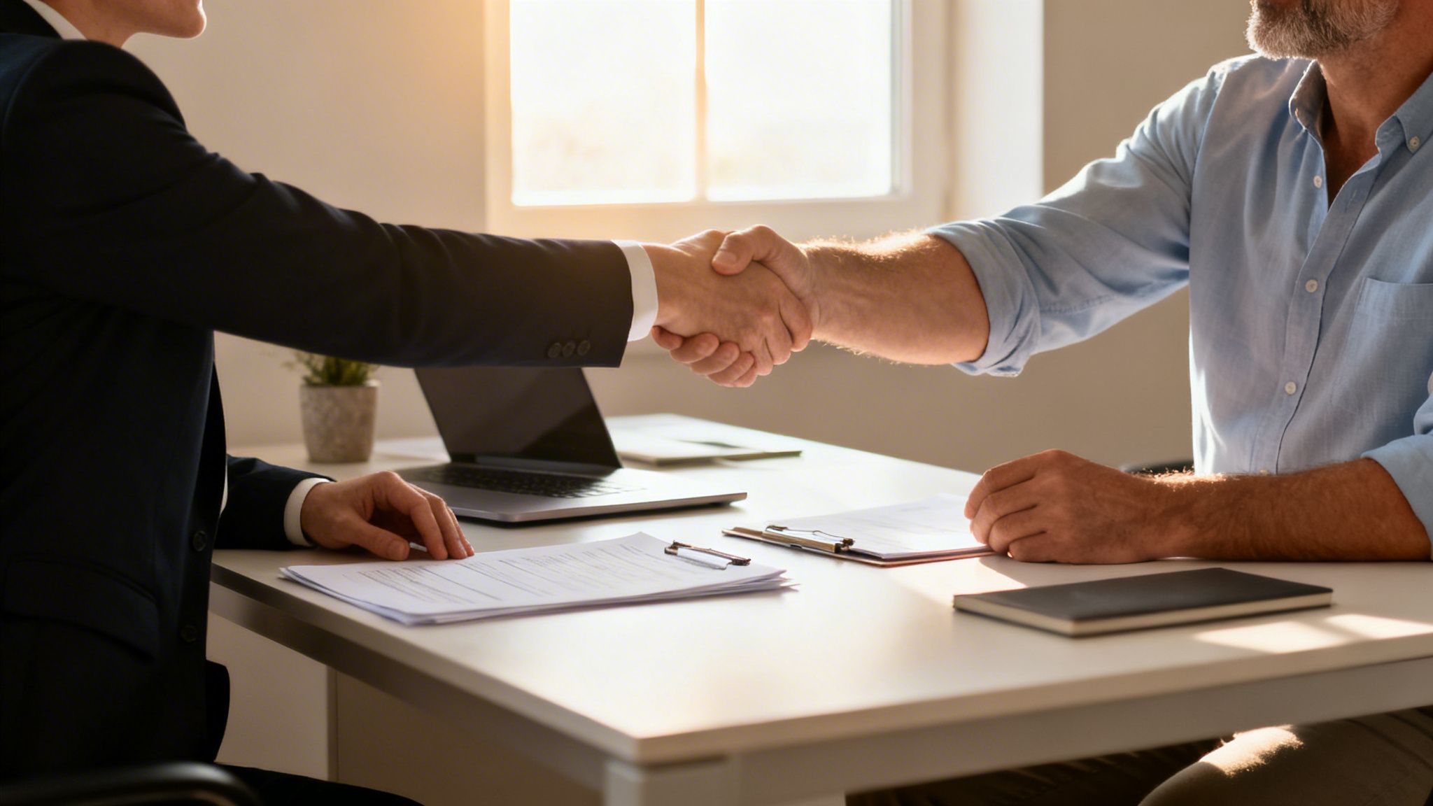 Two businessmen shaking hands across a desk, sealing a deal or agreement.