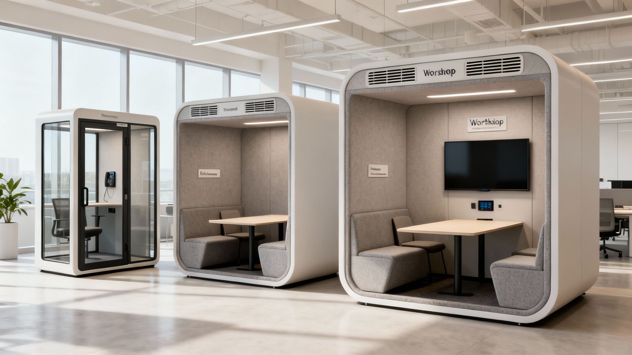 A contemporary office space showcasing various enclosed meeting and individual work pods for privacy.