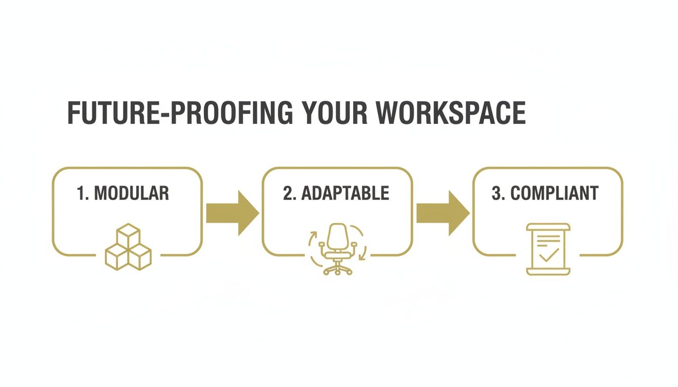 Infographic showing three steps to future-proof your workspace: modular, adaptable, and compliant design.