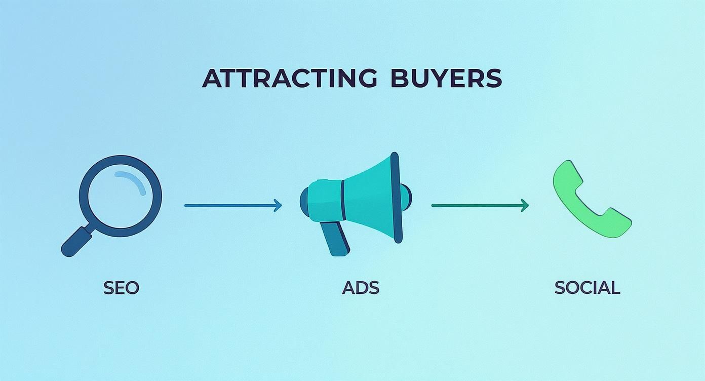 Flowchart illustrating marketing strategies for attracting buyers: SEO, Ads, and Social media.