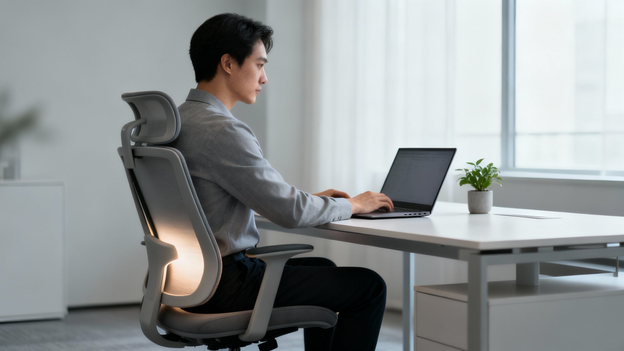 Young Asian man in grey shirt sitting in an office chair, typing on a laptop at a white desk.