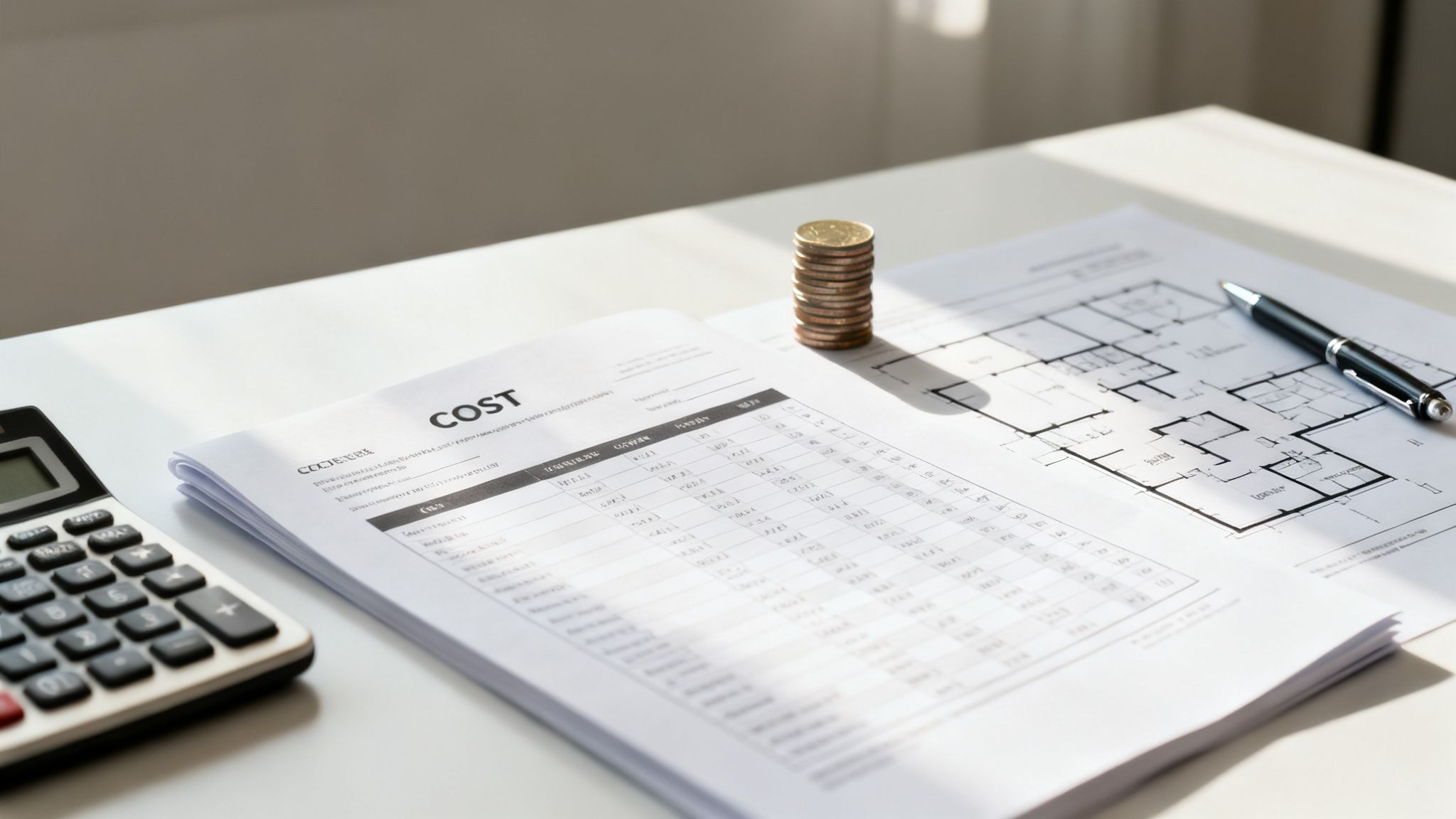 A white desk with cost documents, a calculator, stacked coins, a floor plan, and a pen for project budgeting.