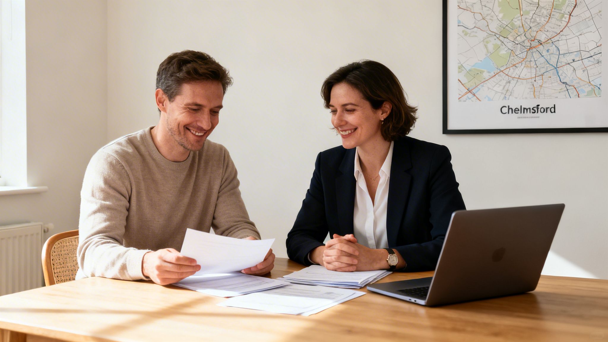 A male client and a female advisor happily reviewing mortgage documents together in an office.